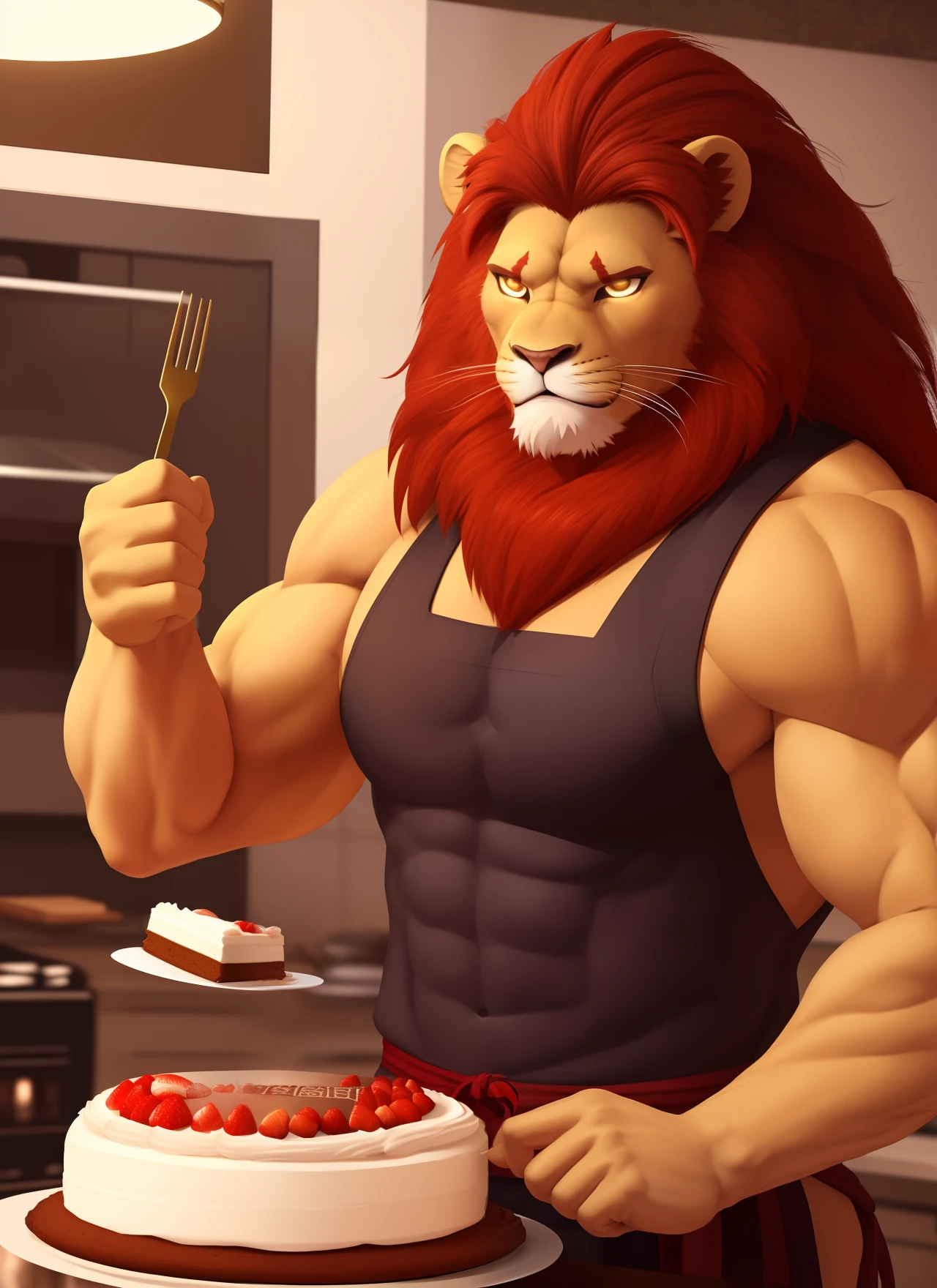 muscular, male, (lion head: 1.0), furry, kemono, photo, realism, cgi, warrior, (cooking cake: 1.2), iron fist, glowing eyes, red hair, (baki: 1.2), teeth, Smile