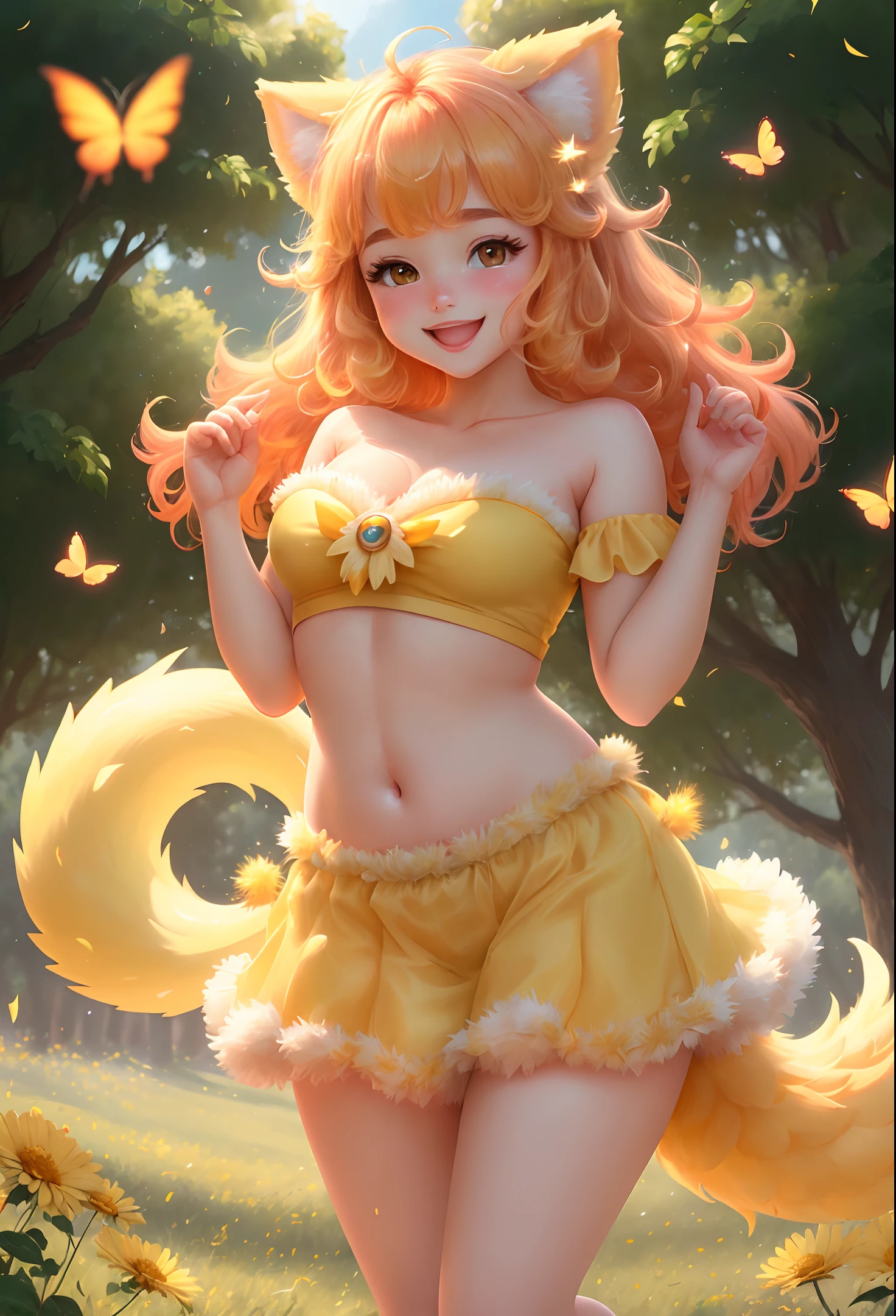 (extremely detailed CG unity 8k wallpaper,masterpiece, best quality, ultra-detailed),(best illumination, best shadow, an extremely delicate and beautiful),(1 Pokemon),(yellow fur, super cute rounded features, rosy cheeks, big, sparkly eyes),smiling with open mouth and squinted eyes, (tail up, ears perked), white belly, lightning bolt-shaped tail,red shiny cheeks, high saturation, dynamic pose, on grassy meadow, surrounded by colorful flowers and butterflies, depth of field, soft sunlight, smiling with happiness.