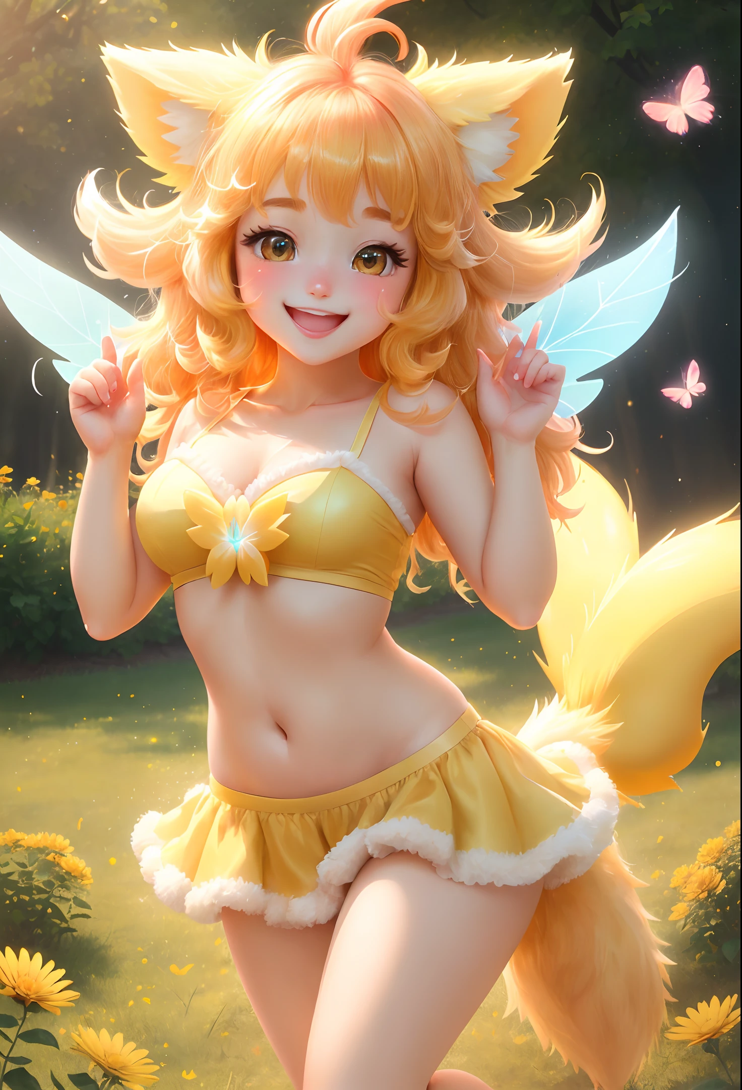 (extremely detailed CG unity 8k wallpaper,masterpiece, best quality, ultra-detailed),(best illumination, best shadow, an extremely delicate and beautiful),(1 Pokemon),(yellow fur, super cute rounded features, rosy cheeks, big, sparkly eyes),smiling with open mouth and squinted eyes, (tail up, ears perked), white belly, lightning bolt-shaped tail,red shiny cheeks, high saturation, dynamic pose, on grassy meadow, surrounded by colorful flowers and butterflies, depth of field, soft sunlight, smiling with happiness.