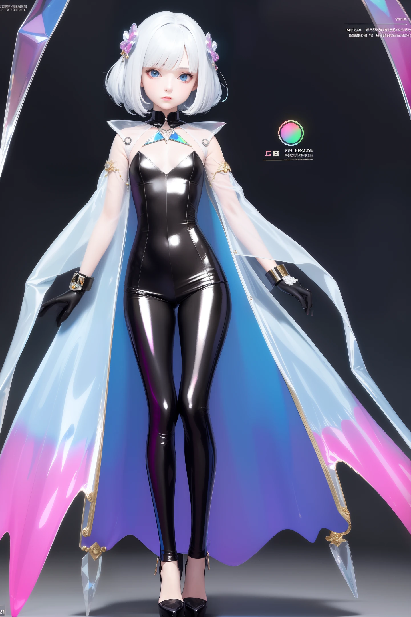 1 girl wearing colorful transparent pvc loose coat and shoe(((thin film interference))), whole body, perfect waist-hip ratio, prism, beautiful eyes, brilliance, jewelry, portrait, game original painting, anime character concept design, beautiful face, black background
