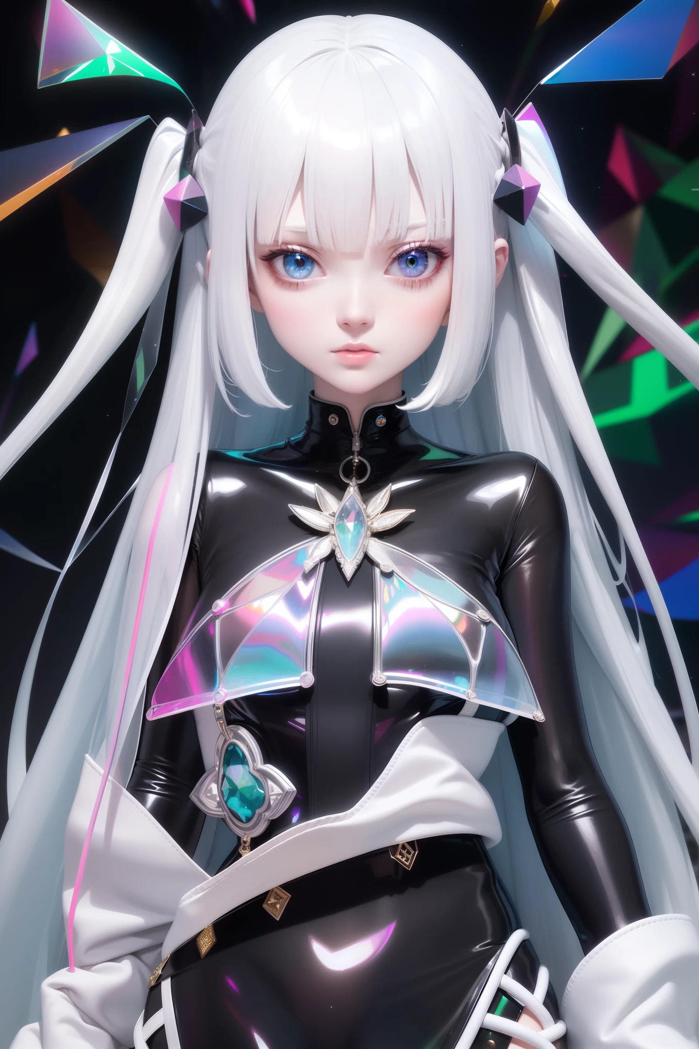 1 girl wearing colorful transparent pvc loose coat and shoe(((thin film interference))), whole body, perfect waist-hip ratio, prism, beautiful eyes, brilliance, jewelry, portrait, game original painting, anime character concept design, beautiful face, black background