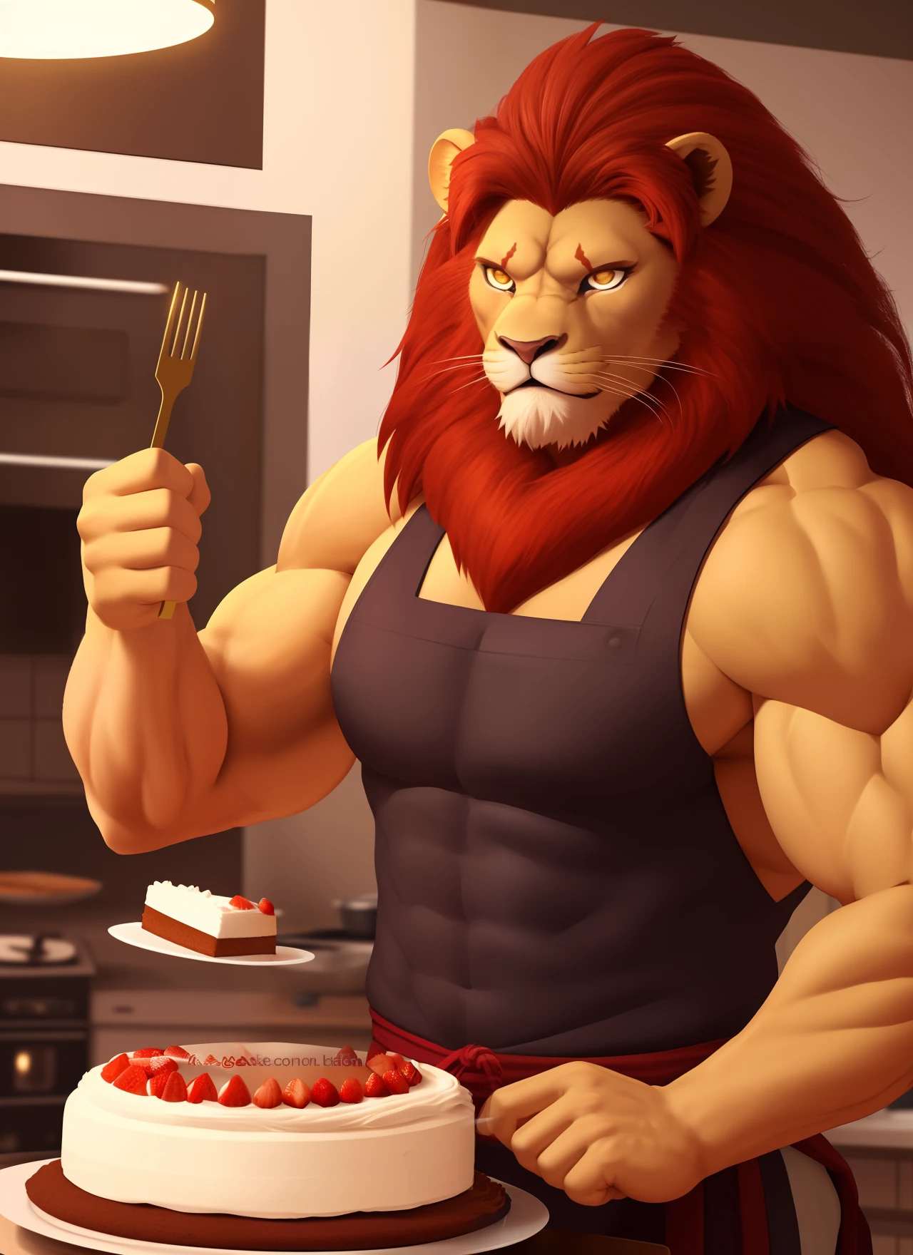 muscular, male, (lion head: 1.0), furry, kemono, photo, realism, cgi, warrior, (cooking cake: 1.2), iron fist, glowing eyes, red hair, (baki: 1.2), teeth, Smile