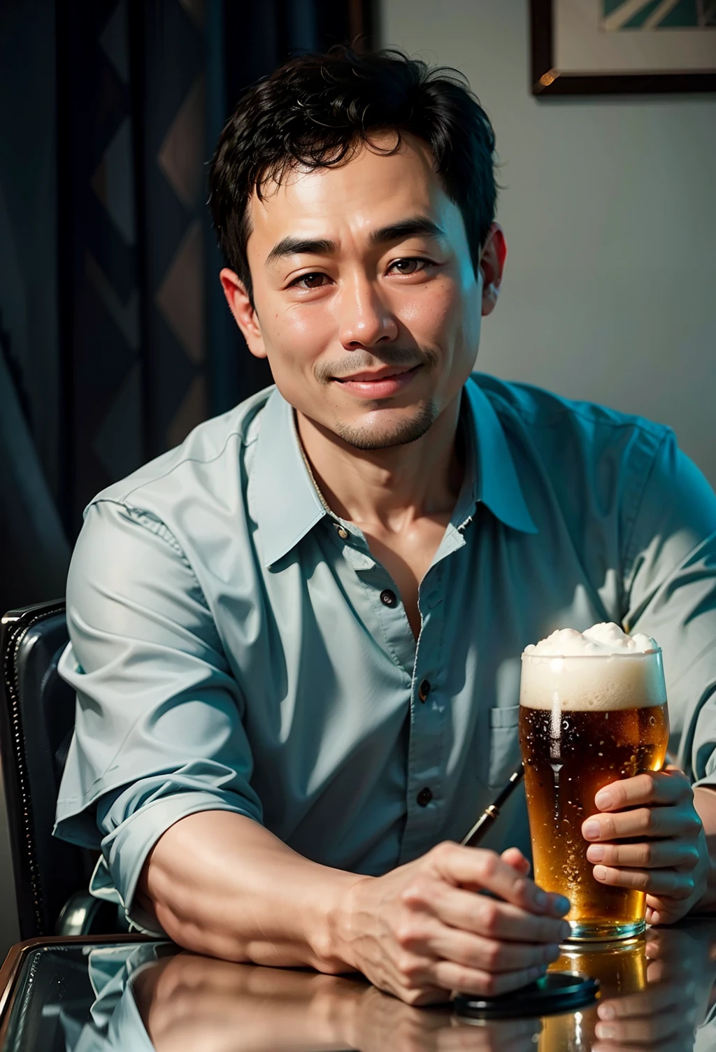 Asian male, 40 years old, short hair, thicker eyebrows, small eyes, slightly round nose, slightly larger mouth, slightly thick lips, no beard, blue long-sleeved shirt, half body, looking forward, smiling, holding beer , film quality