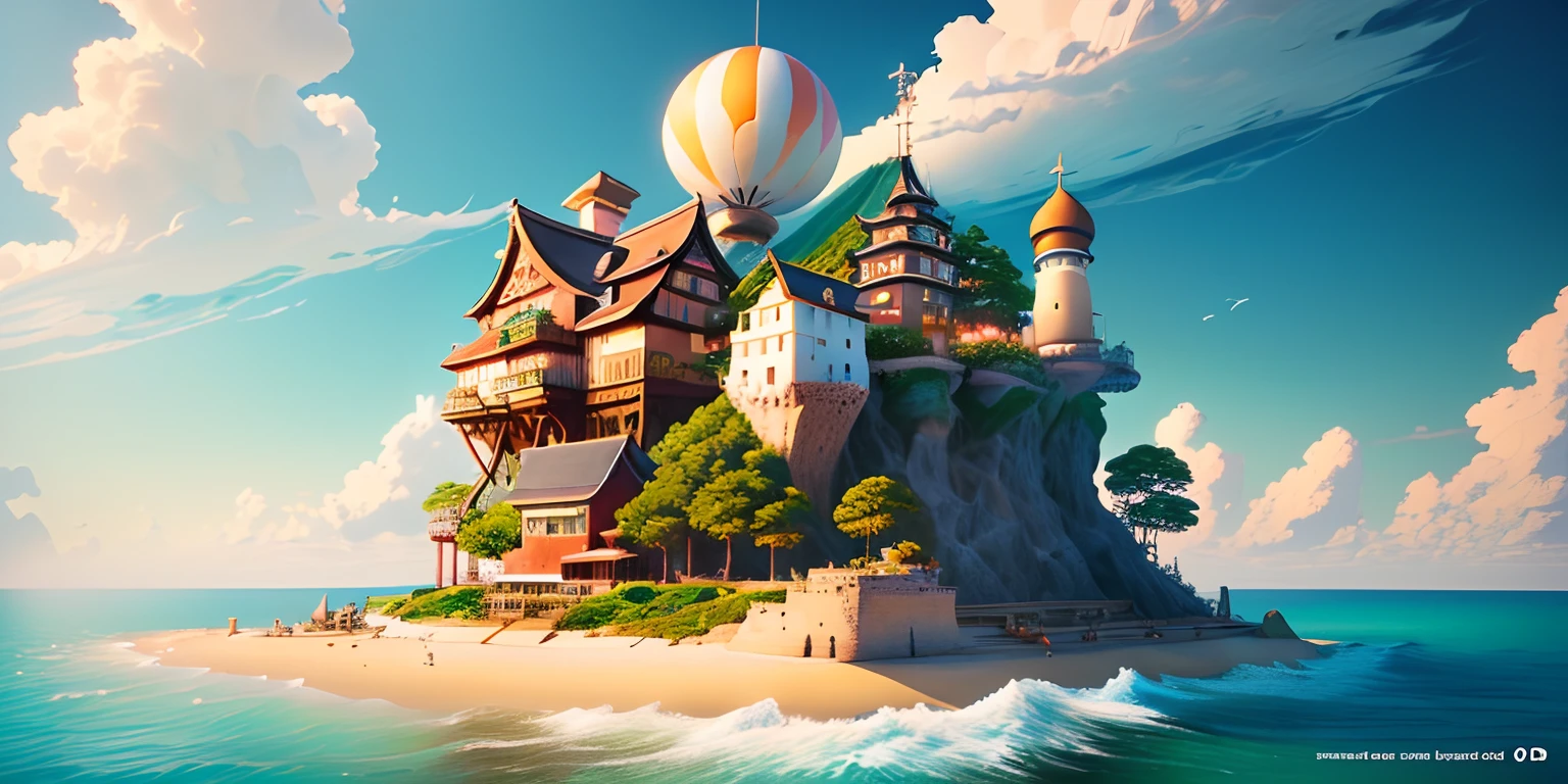 A fantasy inspired painting of a kawacy style seaside village rendered in cinema4d, spherical, accurate nautical details, creative character design, whimsical cartoon style, 32k uhd --ar 2:1