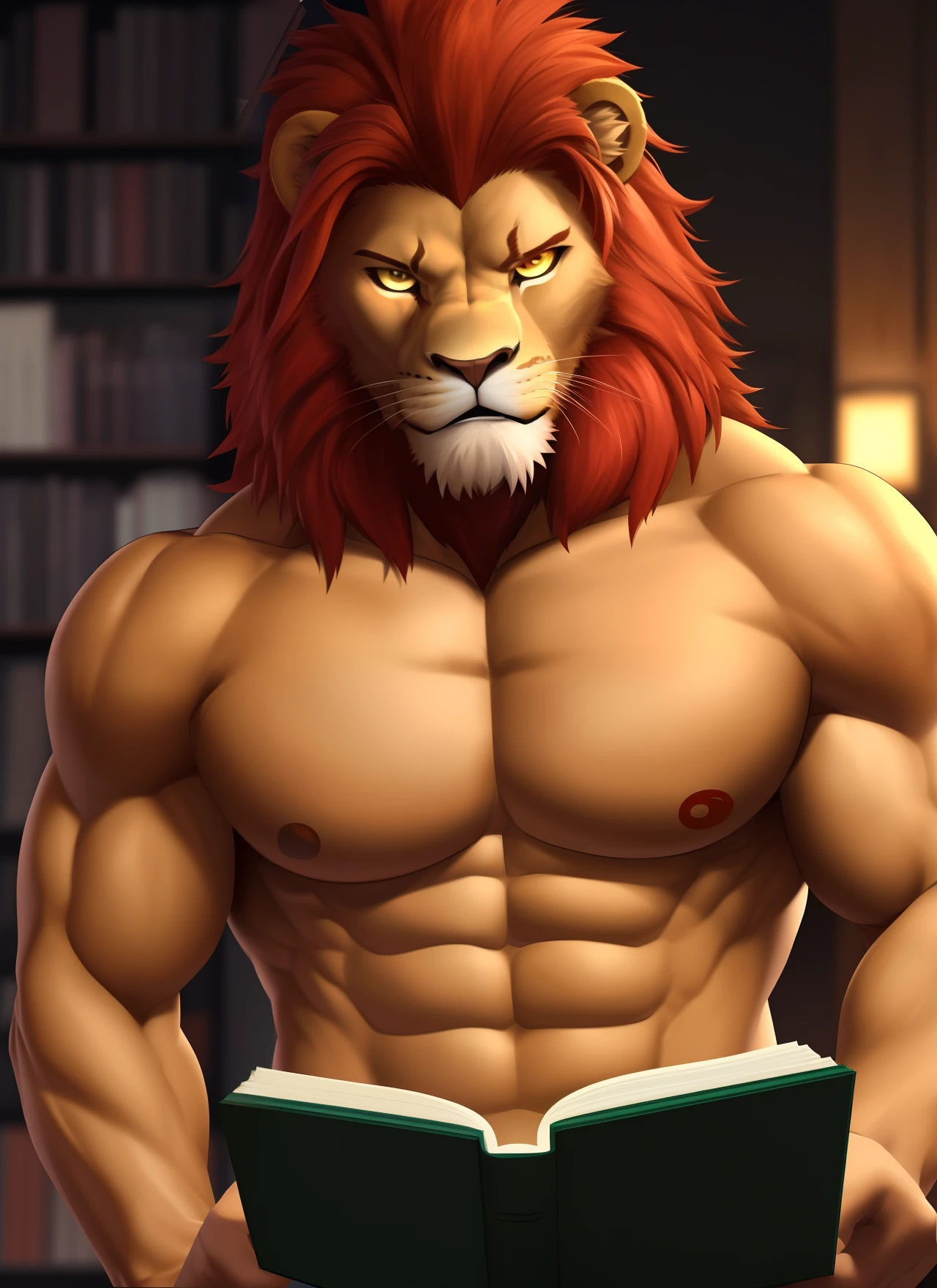 muscular, male, (lion head: 1.0), furry, kemono, photo, realism, cgi, (reading book: 1.2), iron fist, glowing eyes, red hair, (baki: 1.2), teeth, smile