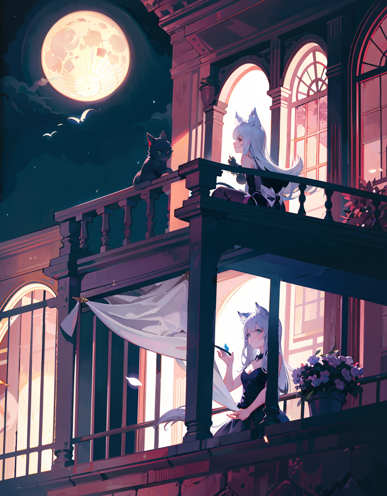 Balcony, moonlight, two catgirls, watching the moon, black silk and white silk