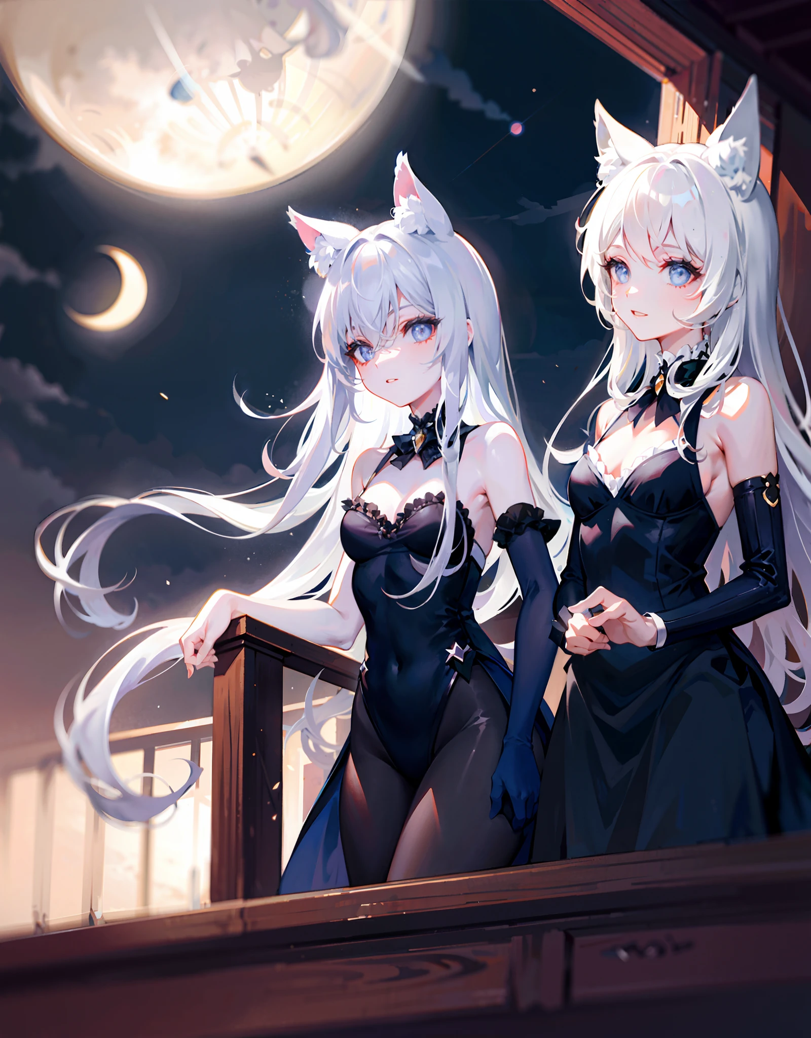 Balcony, moonlight, two catgirls, watching the moon, black silk and white silk