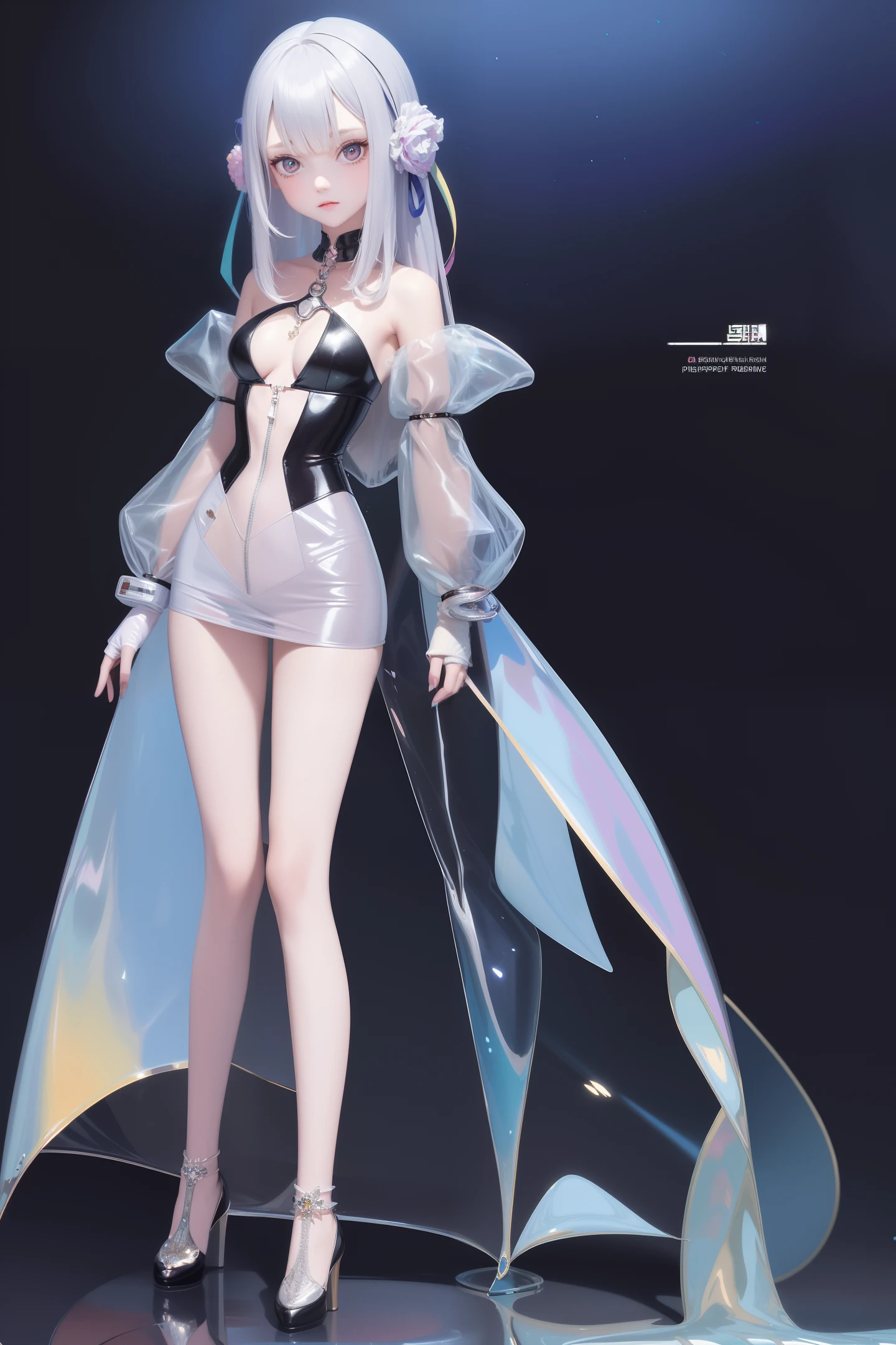 1 girl wearing colorful transparent pvc loose coat and shoe(((film interference))), whole body, perfect waist-hip ratio, prism, beautiful eyes, brilliance, jewelry, portrait, game original painting, anime character concept design, beautiful face, black background