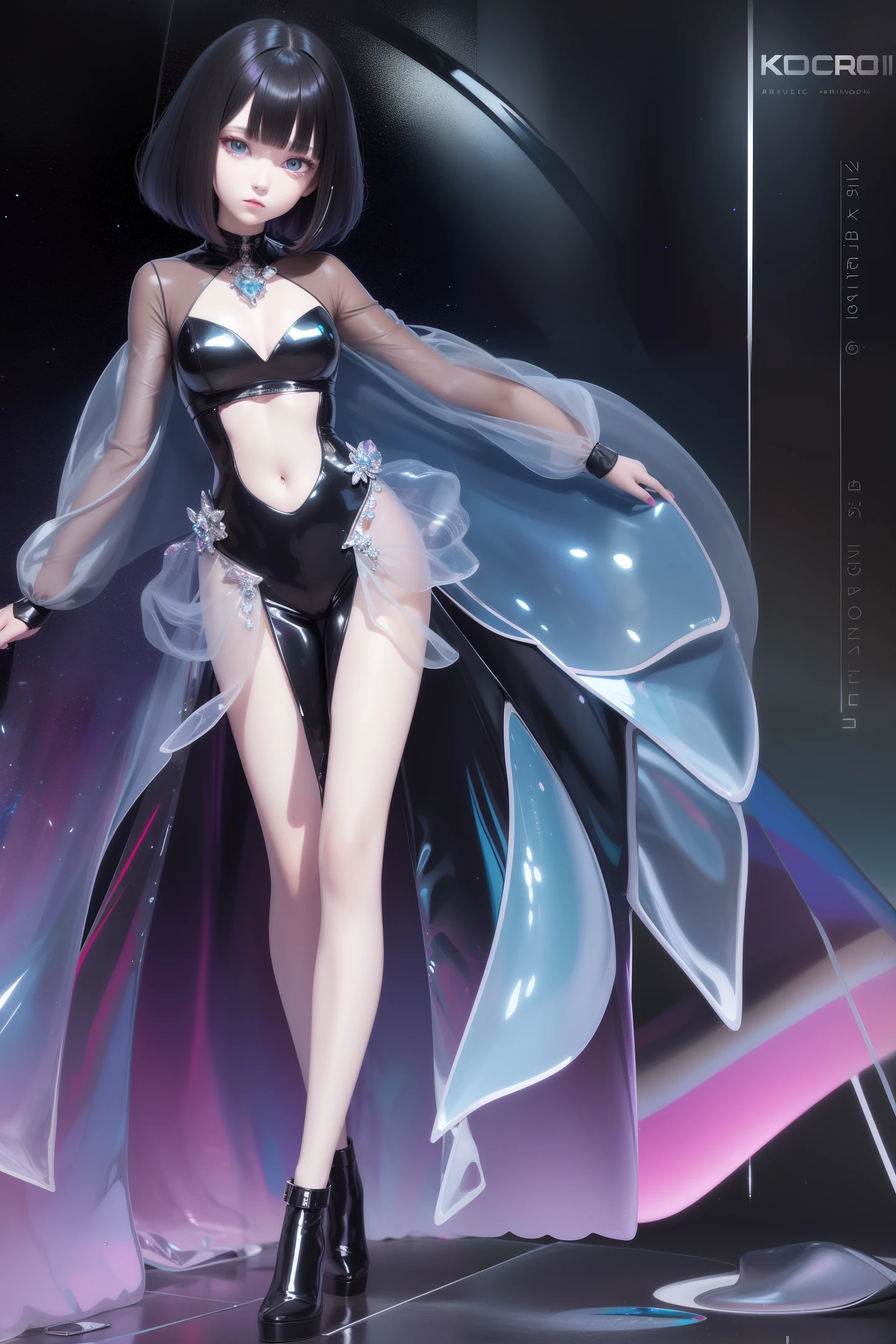 1 girl wearing colorful transparent pvc loose coat and shoe(((thin film interference))), whole body, perfect waist-hip ratio, prism, beautiful eyes, brilliance, jewelry, portrait, game original painting, anime character concept design, beautiful face, black background