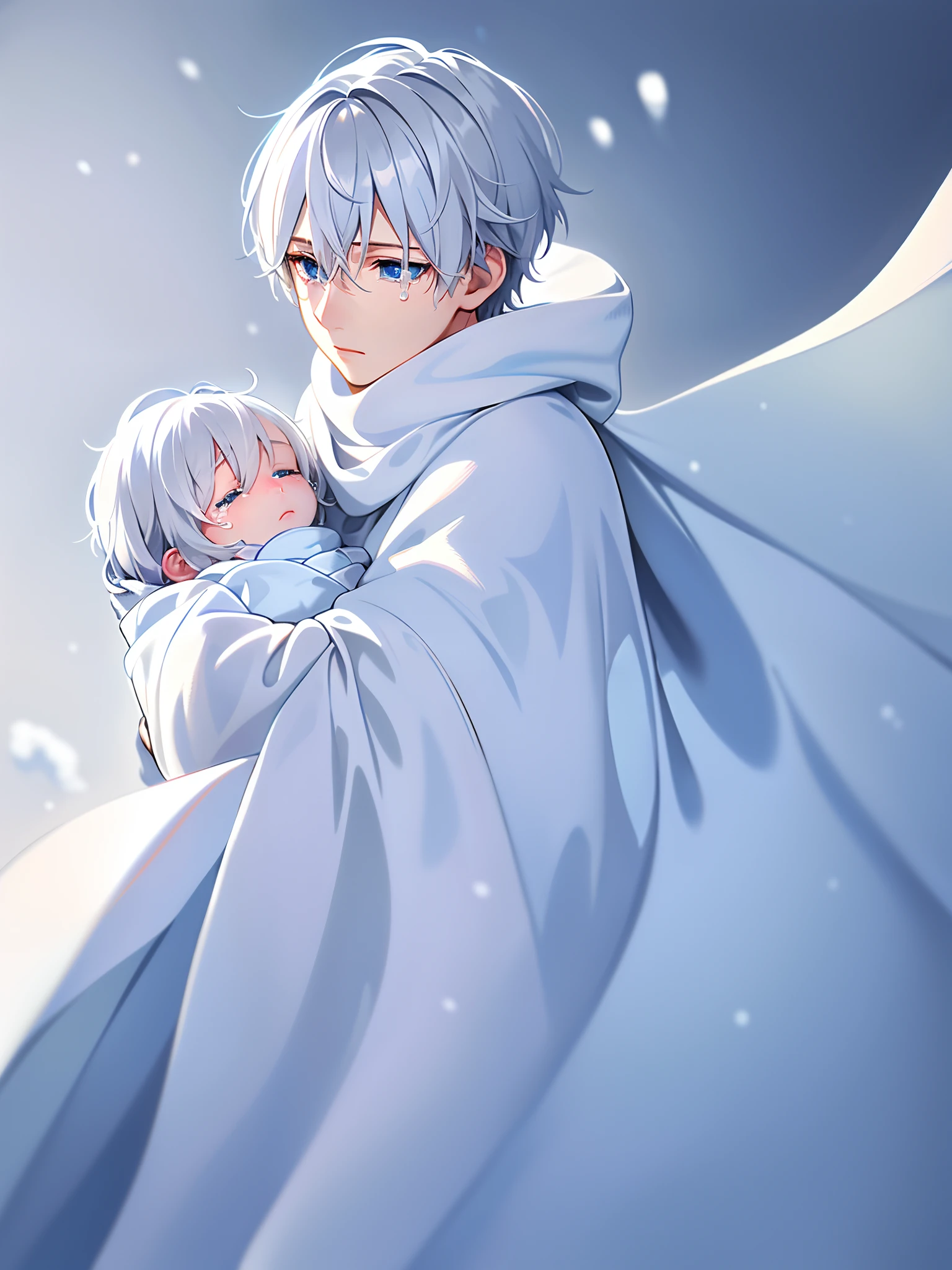 Comforting snow, gentle cool light, (1 teen age boy), head down, (white hair)|(silver hair), (blue eyes), looking at something in the snow, (tears in his eyes), (snow reflecting in his eyes), (sea in the background). (wearing a small white robe), (holding a sleeping baby girl covered in thick white blanket)