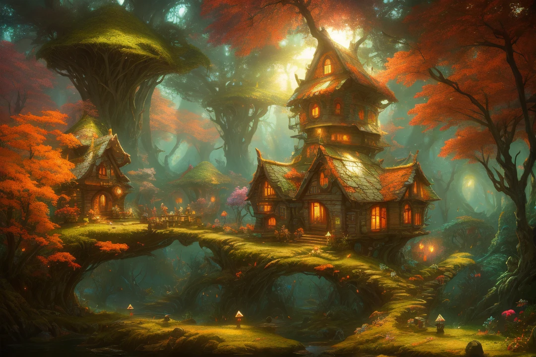 ChromaV5, nvinkpunk, Analog Style, a beautiful spectacular fantasy mushroom house, in an enchanted autumn forest full of fireflies and beautiful flowers, fantasy art by greg rutkowski and albert bierstadt, Trend in artstation, oil painting, light reflections, 8k, (dreamlikeart style:0.8),( redshift style:1.1) ,(analog style:1.1),(warm backlit lighting)++, (dark tone)++realistic, highly detailed, hasselblad, 45 degree, gigapixel,