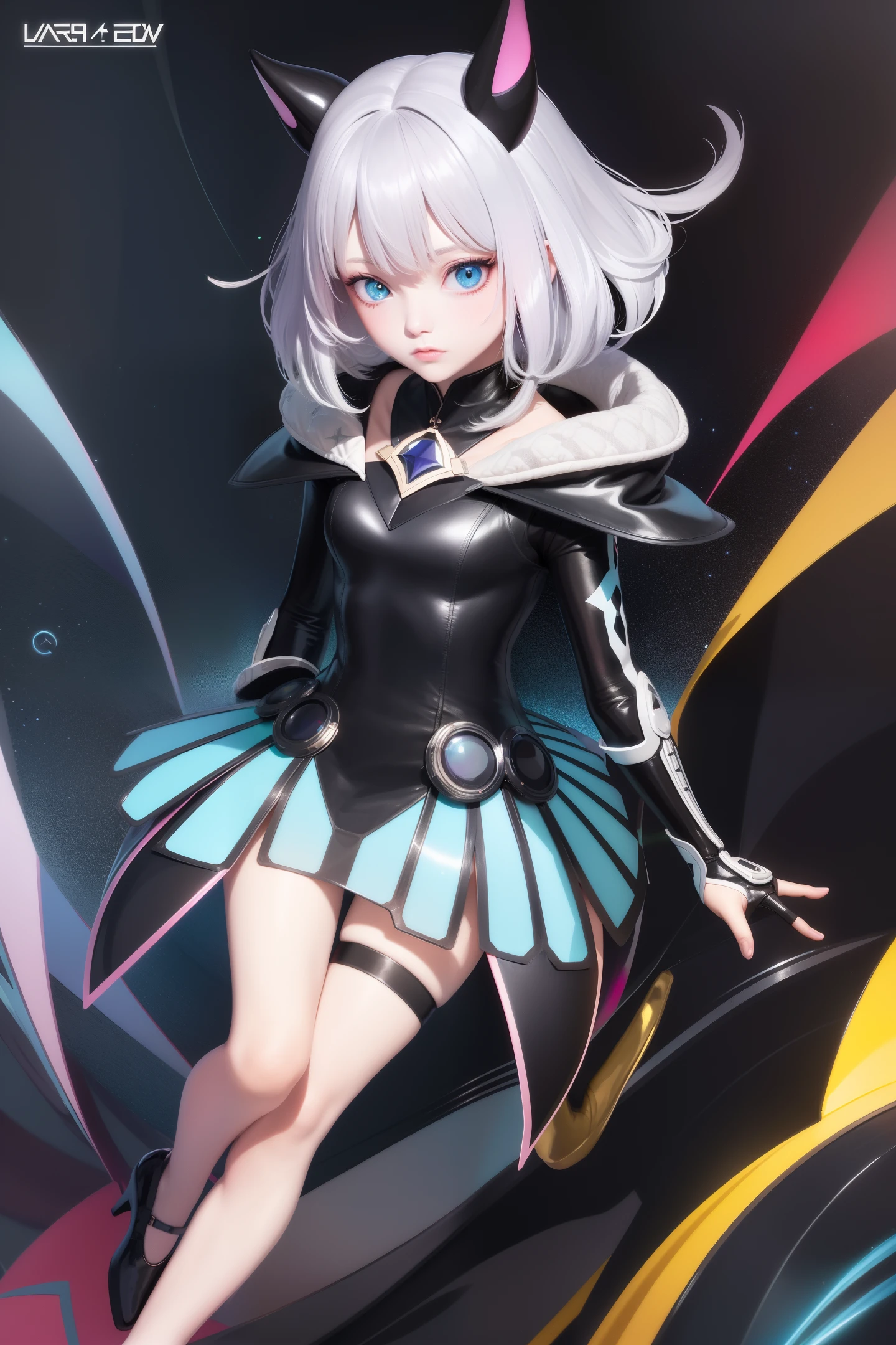 1 girl wearing colorful laser pvc loose coat and shoe(((thin film interference))), whole body, beautiful eyes, brilliance, jewelry, portrait, game original painting, anime character concept design, beautiful face, black background