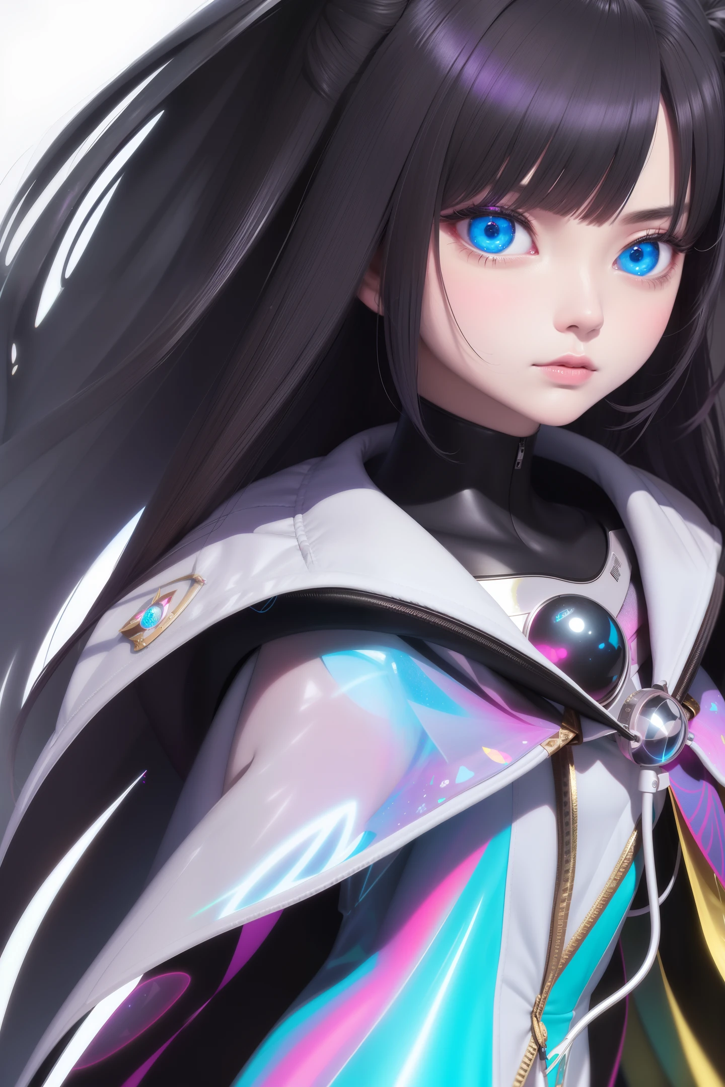1 girl wearing colorful laser pvc loose coat and shoe(((laser thin film interference))), whole body, beautiful eyes, brilliance, jewelry, portrait, game original painting, anime character concept design, beautiful face, black background