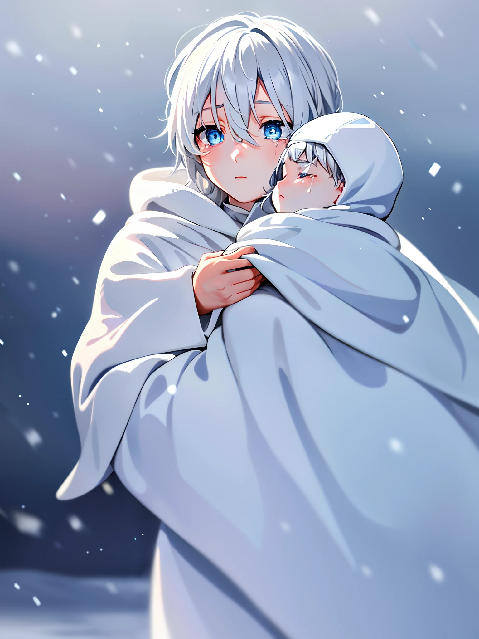 Comforting snow, gentle cool light, (1boy), head down, (white hair)|(silver hair), (blue eyes), looking at something in the snow, (tears in his eyes), (snow reflecting in his eyes), (sea in the background). (wearing a small white robe), (holding a sleeping baby girl covered in thick white blanket)