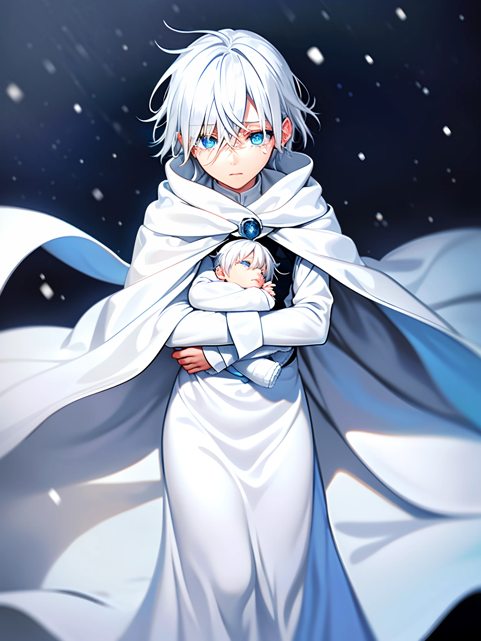 Comforting snow, gentle cool light, (1boy), head down, (white hair)|(silver hair), (blue eyes), looking at something in the snow, (tears in his eyes), (snow reflecting in his eyes), (sea in the background). (wearing a small white robe), (holding a sleeping girl covered in thick white blanket)