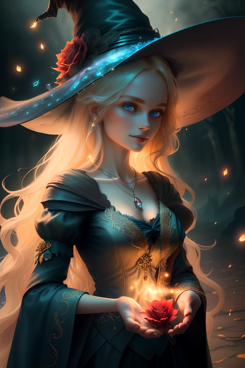 (extremely detailed CG unity 8k wallpaper, masterpiece, best quality, ultra-detailed), (an enchanting and captivating girl with a majestic witch hat, adorned with resplendent golden hair and a bewitching red rose), looking at viewer, (upper body:1.3), (dynamic angle, dazzling blue eyes, exquisite necklace, enchanting smile), (a background of magic and mystery, fireflies, glowing particles, ethereal mist, and a touch of darkness), high saturation, cinematic light, rim lighting, best shadow