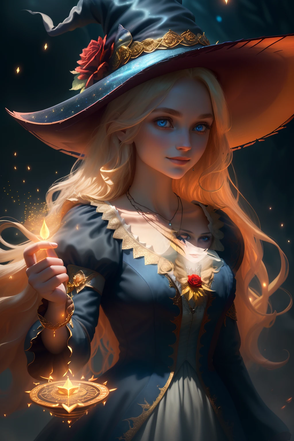 (extremely detailed CG unity 8k wallpaper, masterpiece, best quality, ultra-detailed), (an enchanting and captivating girl with a majestic witch hat, adorned with resplendent golden hair and a bewitching red rose), looking at viewer, (upper body:1.3), (dynamic angle, dazzling blue eyes, exquisite necklace, enchanting smile), (a background of magic and mystery, fireflies, glowing particles, ethereal mist, and a touch of darkness), high saturation, cinematic light, rim lighting, best shadow