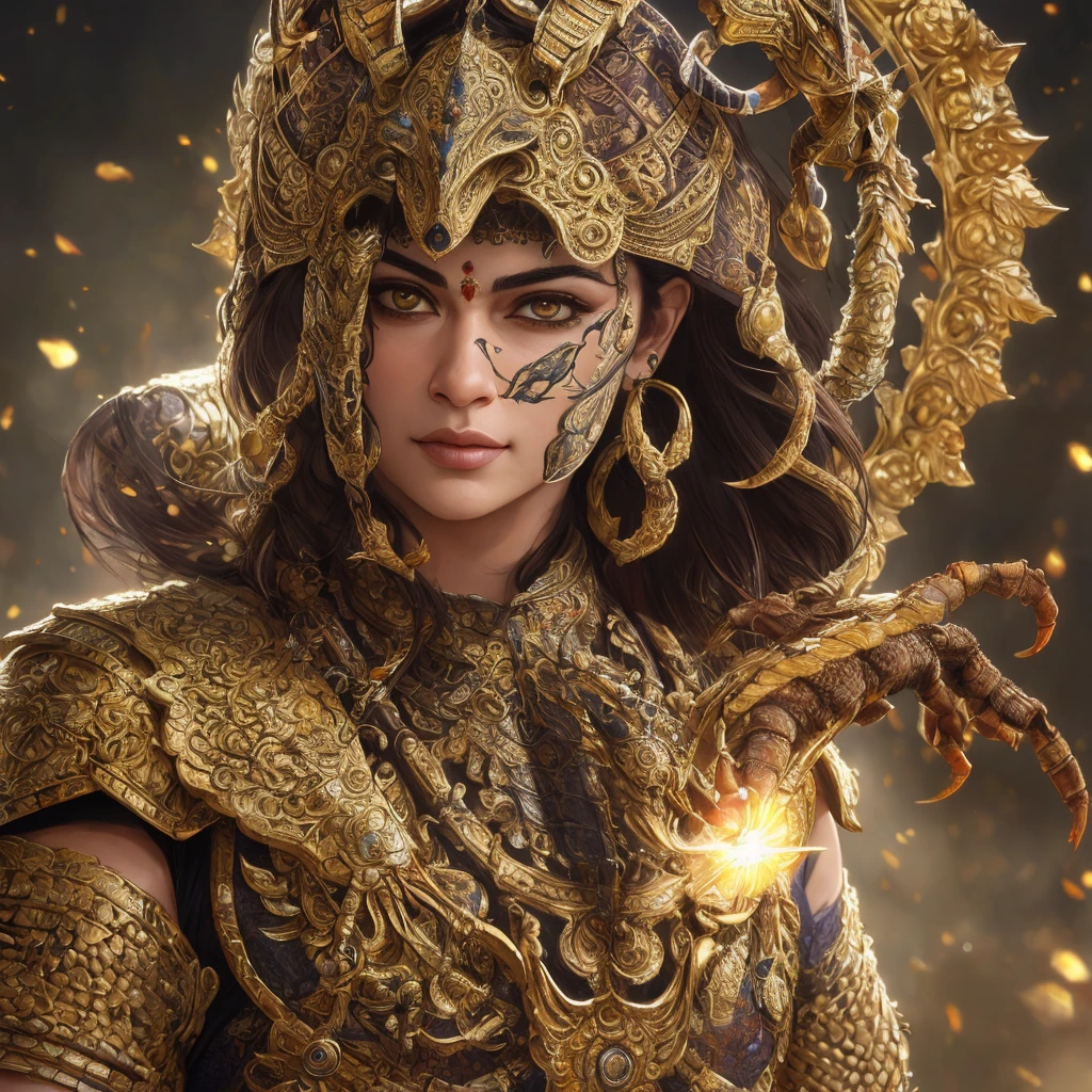 (realistic:1.3), intricate details,painting \(artwork\), ((masterpiece,best quality)), ((cinematic light)), scorpion,mortal kombat,  scary, dark fantasy  \(style\), detailed armor, detailed helmet, 
india, Hinduism, indian clothes, a close up portrait photo of beautiful Hansika Motwani, Hansika Motwani