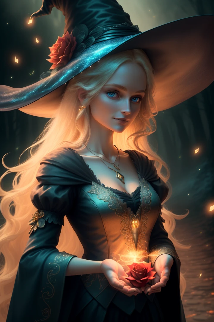 (extremely detailed CG unity 8k wallpaper, masterpiece, best quality, ultra-detailed), (an enchanting and captivating girl with a majestic witch hat, adorned with resplendent golden hair and a bewitching red rose), looking at viewer, (upper body:1.3), (dynamic angle, dazzling blue eyes, exquisite necklace, enchanting smile), (a background of magic and mystery, fireflies, glowing particles, ethereal mist, and a touch of darkness), high saturation, cinematic light, rim lighting, best shadow