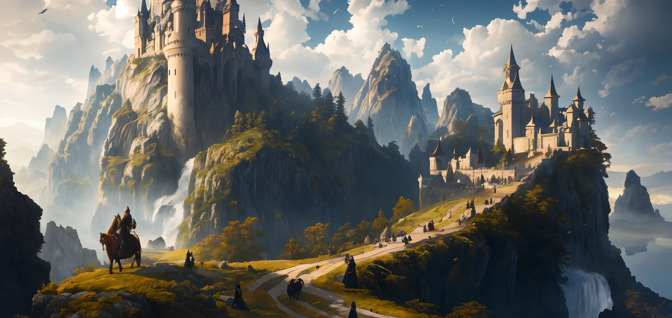 Masterpiece, best quality, high quality, extremely detailed CG unity 8k wallpaper, landscape, outdoor, sky, cloud, day, mountain, scenery, water, tree, blue sky, waterfall, cliff, nature, lake, river, cloudy sky , award winning photography, bokeh, depth of field, HDR, bloom, chromatic aberration, photorealism, highly detailed, trending on artstation, trending on CGsociety, intricate, high detail, dramatic, midjourney art, castle on a hill, giant white pine tree , sturdy blond priest on horseback, warrior in light armor, Victorian style