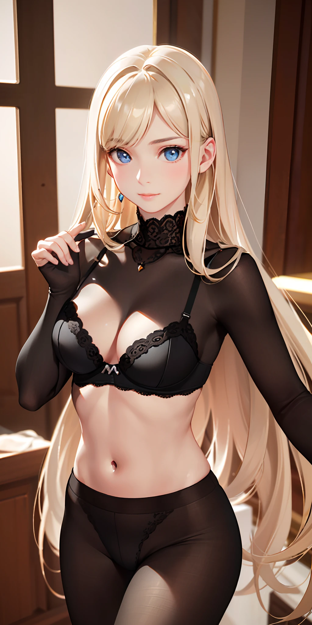 (realistic: 1.4), (masterpiece, sidelighting, finely detailed beautiful eyes: 1.2), masterpiece*portrait, realistic, 3d face, glowing eyes, shiny hair, loss skin, solo, embarrassed, (midriff), black underwear, blonde hair ,