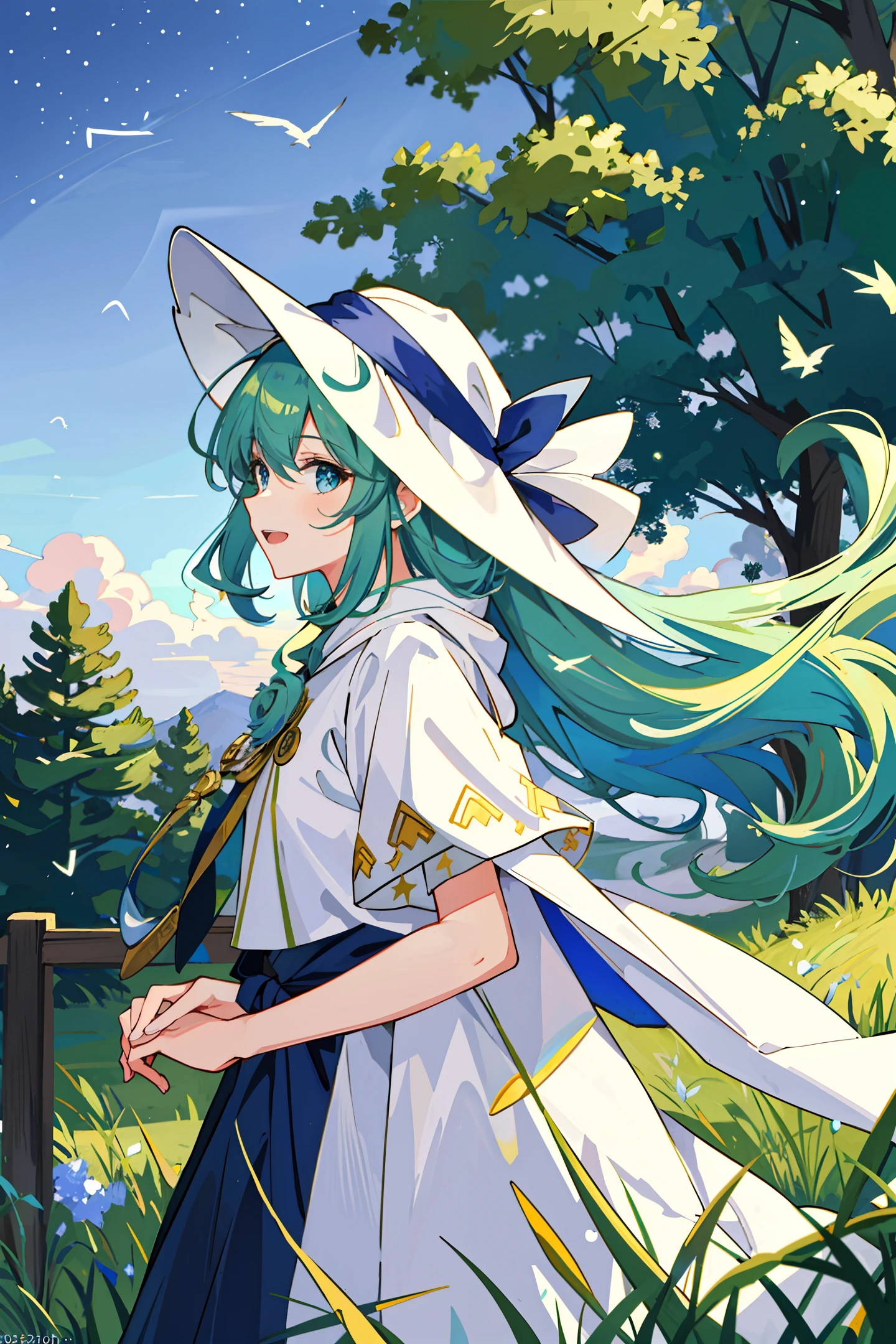 ((Masterpiece: 1.2, Best Quality)), 1 Girl, Solo, (Priest Hat), Green Hair, Long Hair, Priest, Aurora, Night, Stars (Sky), Glove, Sky, White Robe, Night Sky, Open Mouth , Starry Sky, Blue Eyes, Ribbon, Wild, Smile, Headband, Cloak, Blue Hair, (Bird), Magic, Casting, Cloud, Night, (Impressionist: 1.4), (Chois), Leaves, Vegetal Atmosphere, Green, Has, hairy