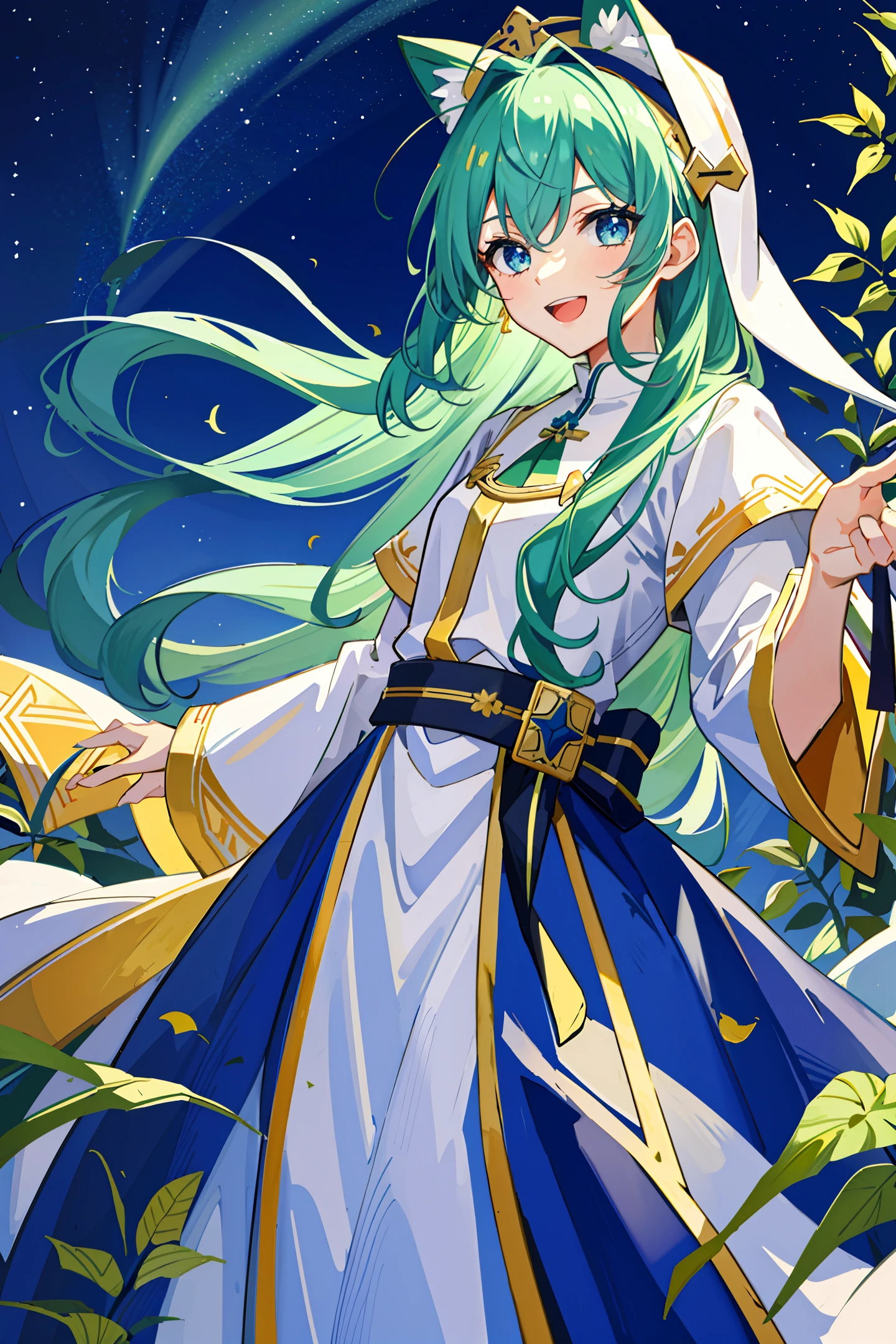 ((Masterpiece: 1.2, Best Quality)), 1 Girl, Solo, (Priest Hat), Green Hair, Long Hair, Priest, Aurora, Night, Stars (Sky), Glove, Sky, White Robe, Night Sky, Open Mouth , Starry Sky, Blue Eyes, Ribbon, Wild, Smile, Headband, Cloak, Blue Hair, (Bird), Magic, Casting, Cloud, Night, (Impressionist: 1.4), (Chois), Leaves, Vegetal Atmosphere, Green, Has, hairy
