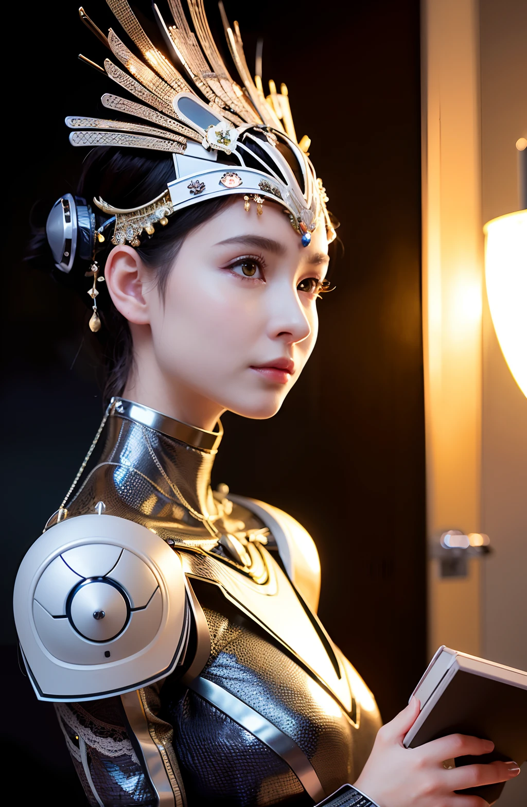 Intricate 3d rendering of highly detailed beautiful ceramic silhouette female robot face, cyborg, robot parts, 150 mm, beautiful studio soft light, rim light, vibrant details, luxurious cyberpunk, lace, surreal, anatomy Science, Facial Muscles, Cable Wires, Microchip, Elegant, Beautiful Background, Octane Rendering, HR Giger Style, 8k, Best Quality, Masterpiece, Illustration, Very Delicate and Beautiful, Very Detailed, CG, Uniform, Wallpaper, (fidelity, fidelity: 1.37), amazing, fine detail, masterpiece, best quality, official art, very detailed cg unity 8k wallpaper, absurd, unbelievably absurd, robot, silver helmet, full body , sit and write