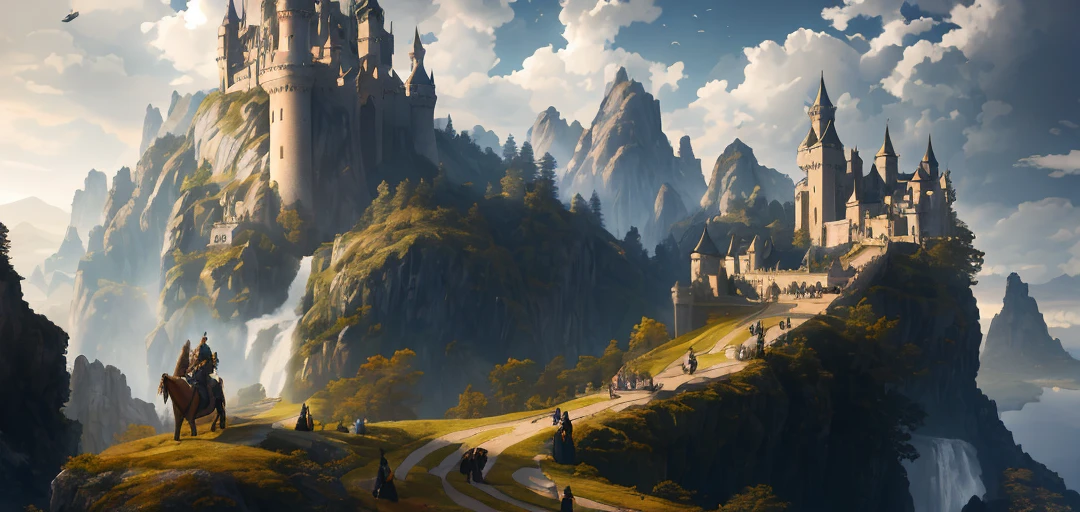 Masterpiece, best quality, high quality, extremely detailed CG unity 8k wallpaper, landscape, outdoor, sky, cloud, day, rolling hills, scenery, water, tree, blue sky, waterfall, cliff, nature, lake, river, Cloudy Sky, award winning photography, bokeh, depth of field, HDR, bloom, chromatic aberration, photorealism, highly detailed, trending on artstation, trending on CGsociety, intricate, high detail, dramatic, halfway art, castle on a hill, Huge white pine trees, blond priests on strong horses, lightly armored warriors, Victorian style, a large number of flags fluttering in the wind, and long queues of troops