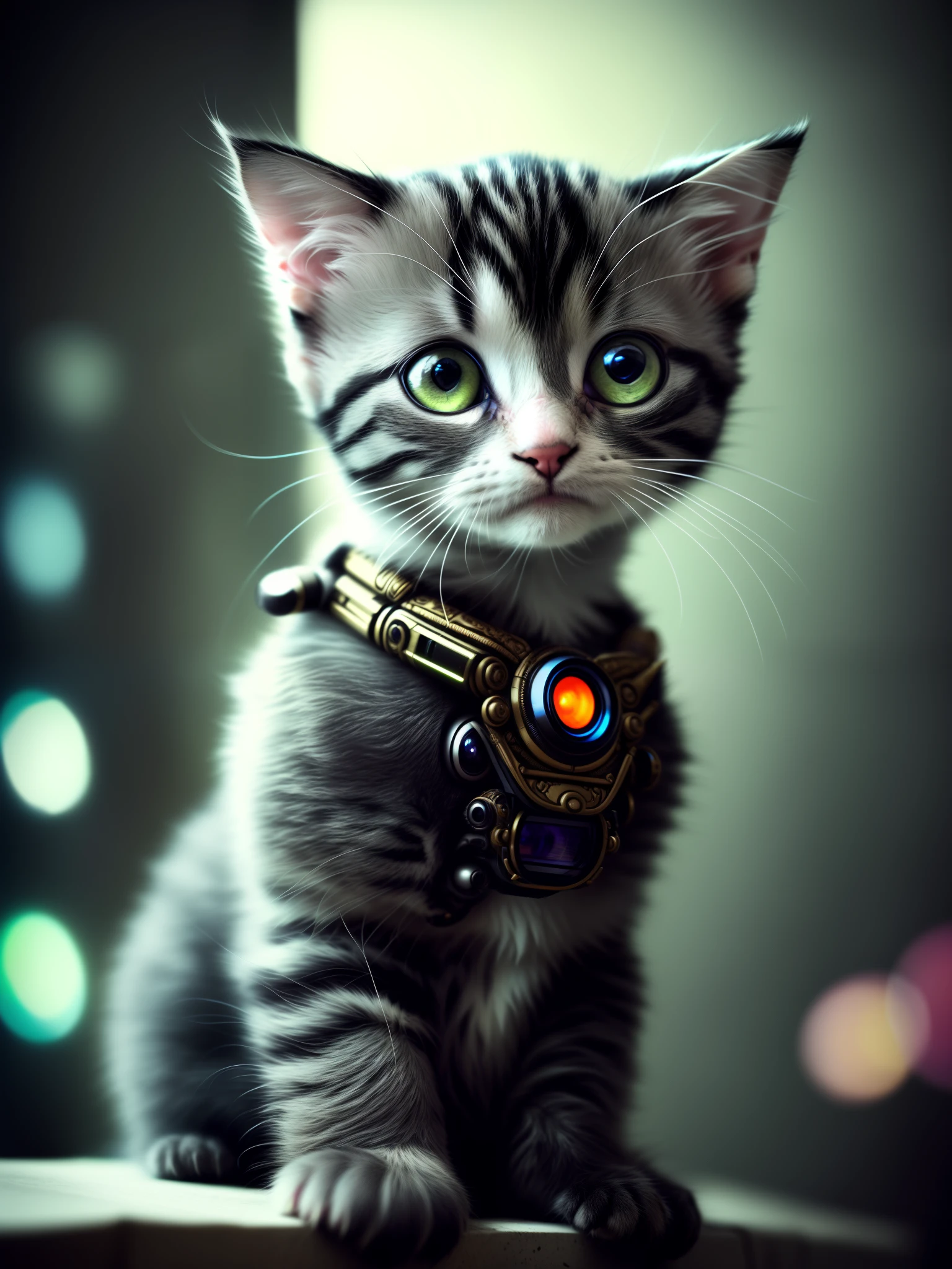 A cute kitten, curious++, cyborg+, cyberpunk style, (intricate detail)++, HDR, (intricate detail)+, (super detailed)+, cinematic lens, vignette [(two size)