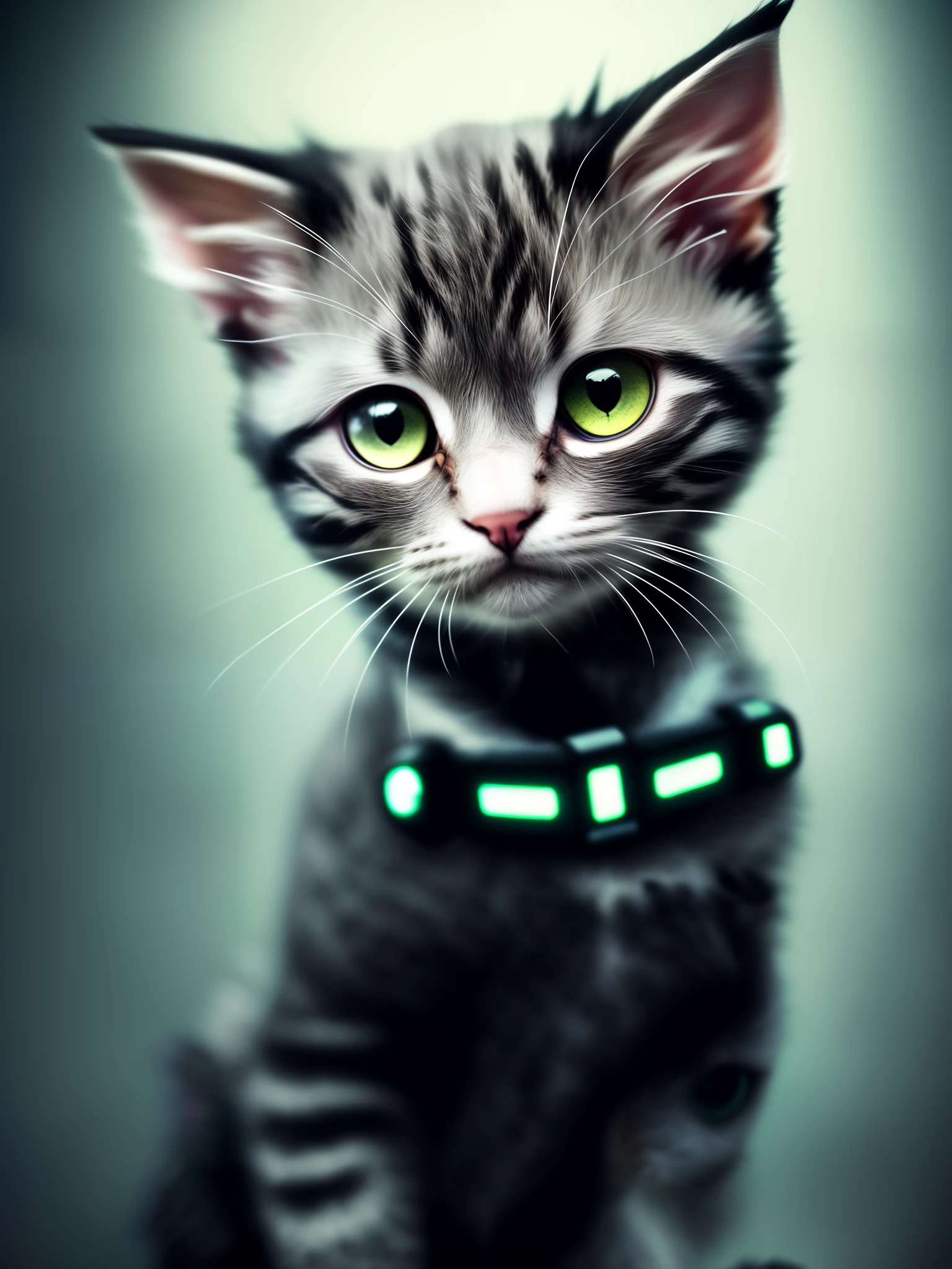 A cute and cool kitten, curious++, cyborg+, cyberpunk style, (intricate detail)++, HDR, (intricate detail)+, (super detailed)+, cinematic lens, vignette [ (two sizes)