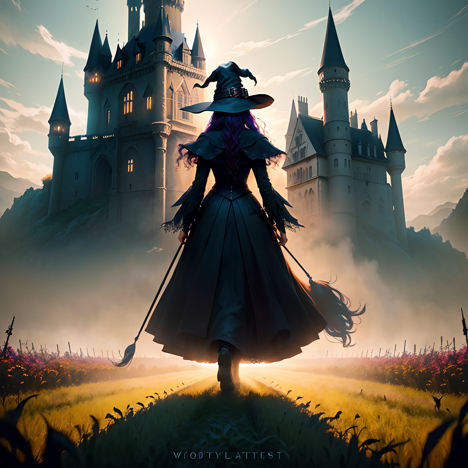 Witch walking in the fields wallpaper, castle, character focus, volumetric lighting, masterpiece, reality, trend on artstation, high resolution, fantasy