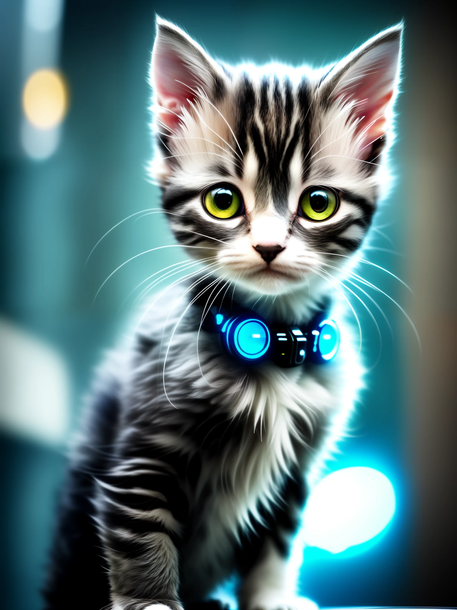 A cute and cool kitten, curious++, cyborg+, cyberpunk style, (fine detail)++, HDR, (fine detail)+, (super fine detail)+, cine lens, vignette