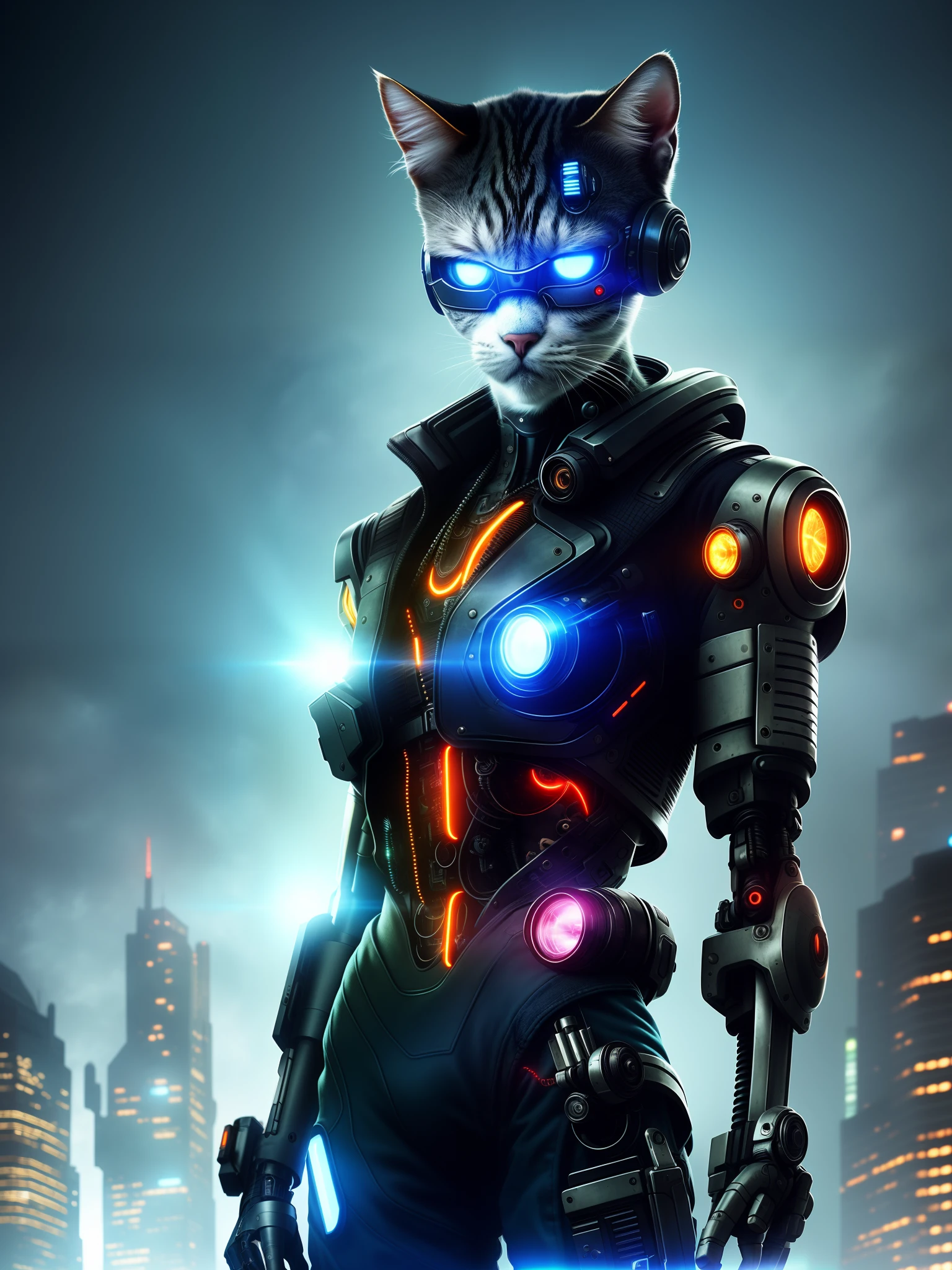 "A curious and cool cat, with a half-cyborg look, in a cyberpunk style setting. Featuring ultra-detailed and HDR visuals, with intricate and precise details, and a cinematic lens flare effect."