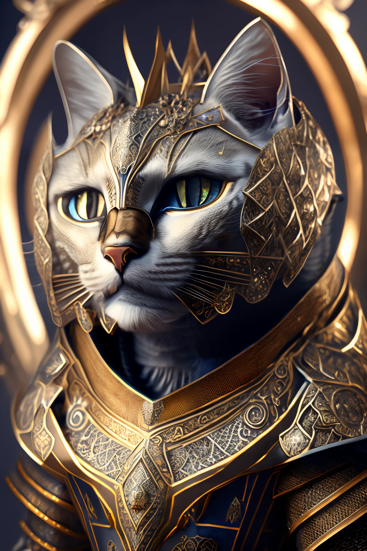 Kneeling cat knight, portrait, elaborate armor, intricate design, silver, silk, film lighting, 4k