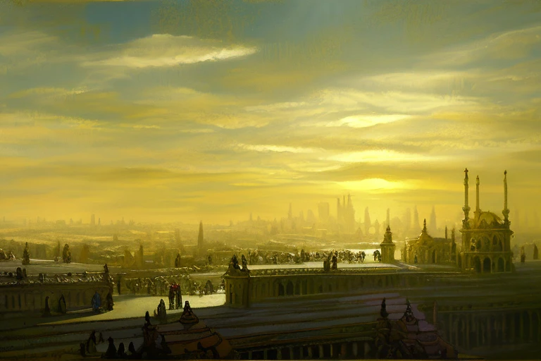 a painting of a city with a lot of people standing on top of it and a lot of buildings