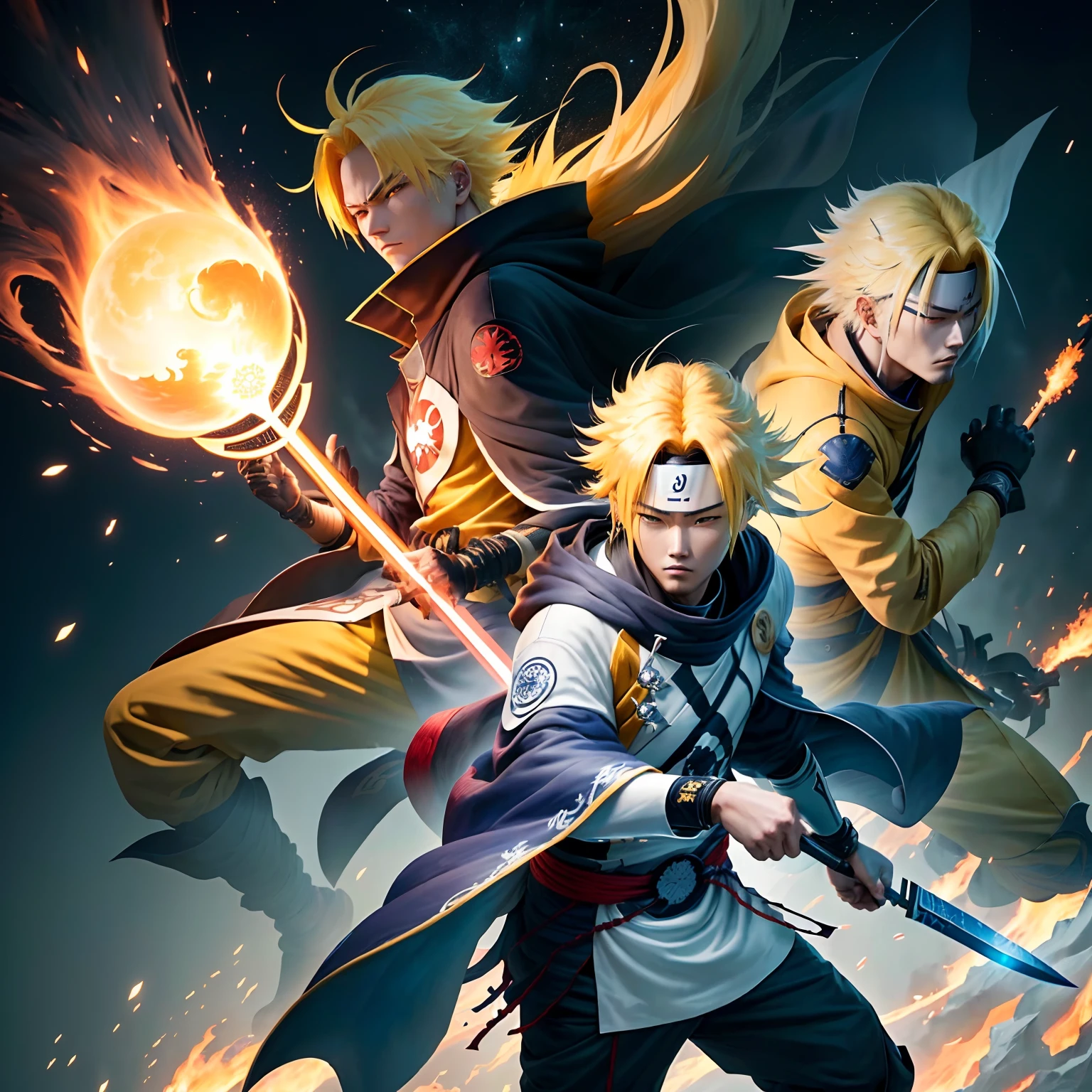 Two-dimensional wind, Namikaze Minato, very cool, holding Flying Raijin Kunai, wearing the Fourth Hokage cloak, when invading Kyuubi, yellow hair, Unreal Engine, mecha, very realistic, the universe is destroyed. Genshin Impact Impact, best quality, high detail, high quality, super high resolution, oc render, 8K