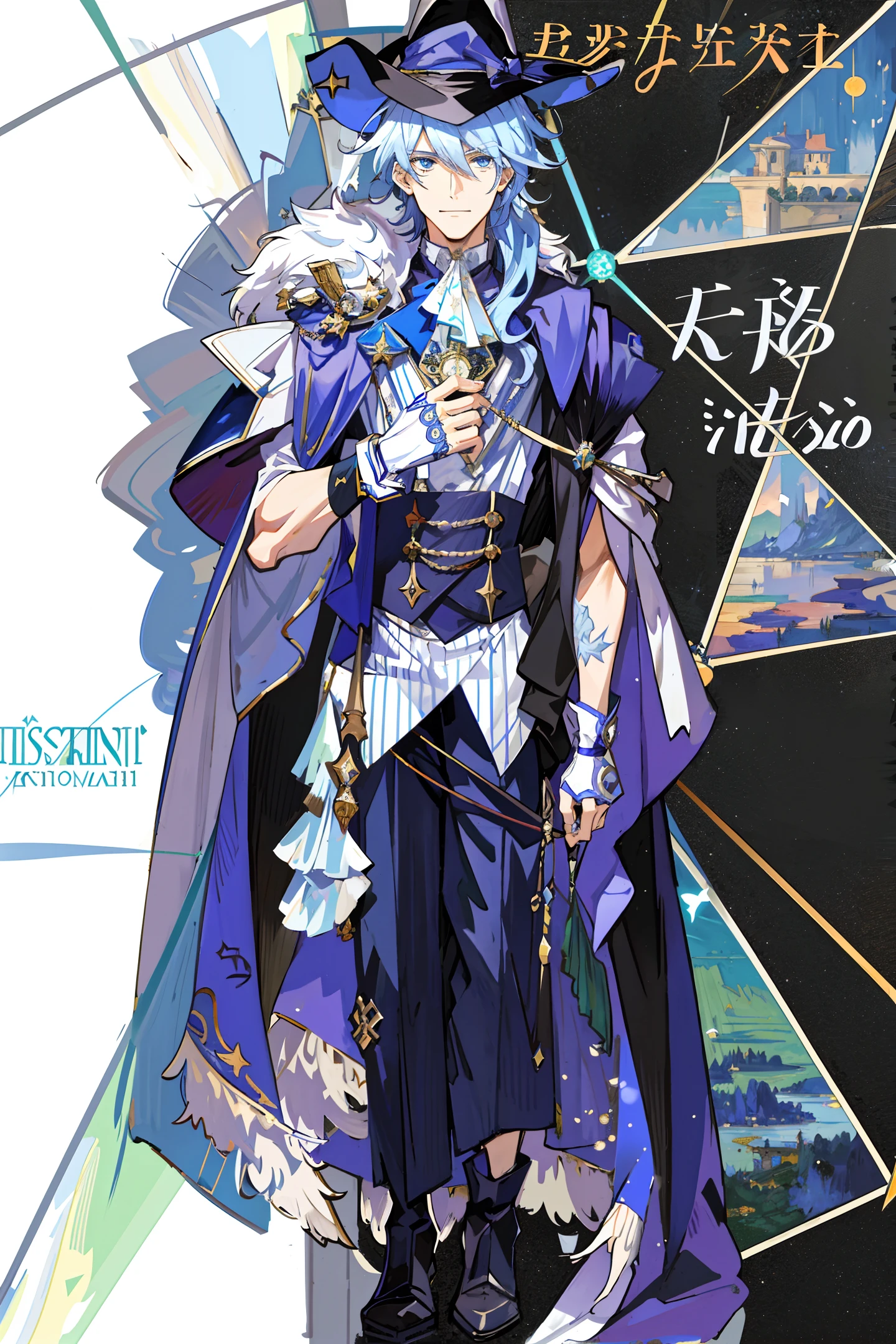 ((dashing)), (striking features), (((male))),1boy, solo, (witch hat), sliver hair, long hair, aurora, night, star (sky), gloves, sky,wizard,wizartd hat,staff, night sky, starry sky, blue eyes, ribbon, smile, hair ribbon, cape, blue hair, (bird), magic, casting spell, dark clouds, night, (impressionism:1.4), (tarot:1.3), alphonse mucha,