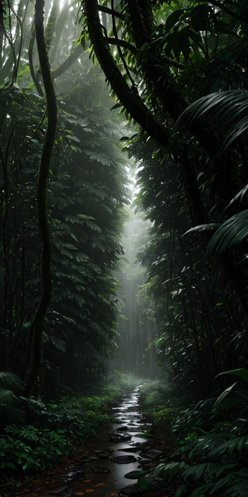 Jungle, heavy rainfall, monochrome, vines everywhere, huge wet trees, masterpiece, best quality, high quality, very detailed CG unity 8k wallpaper, oil painting, award winning photography, bokeh, depth of field, HDR, bloom , chromatic aberration, photorealism, highly detailed, trending on artstation, trending on CGsociety, intricate, high detail, dramatic, midjourney art, volumetric lighting