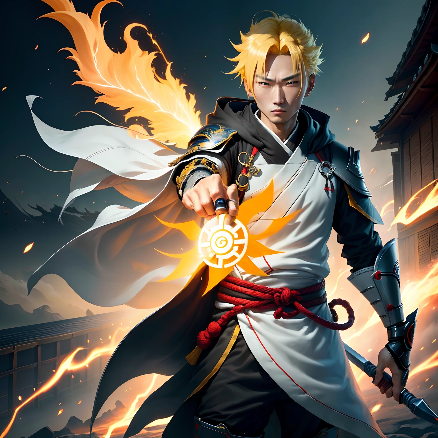 Two-dimensional wind, Namikaze Minato, very cool, holding Flying Raijin Kunai, wearing the Fourth Hokage cloak, when invading Kyuubi, yellow hair, Unreal Engine, mecha, very realistic, the universe is destroyed. Genshin Impact Impact, best quality, high detail, high quality, super high resolution, oc render, 8K Genshin, handsome face, disdainful expression,
