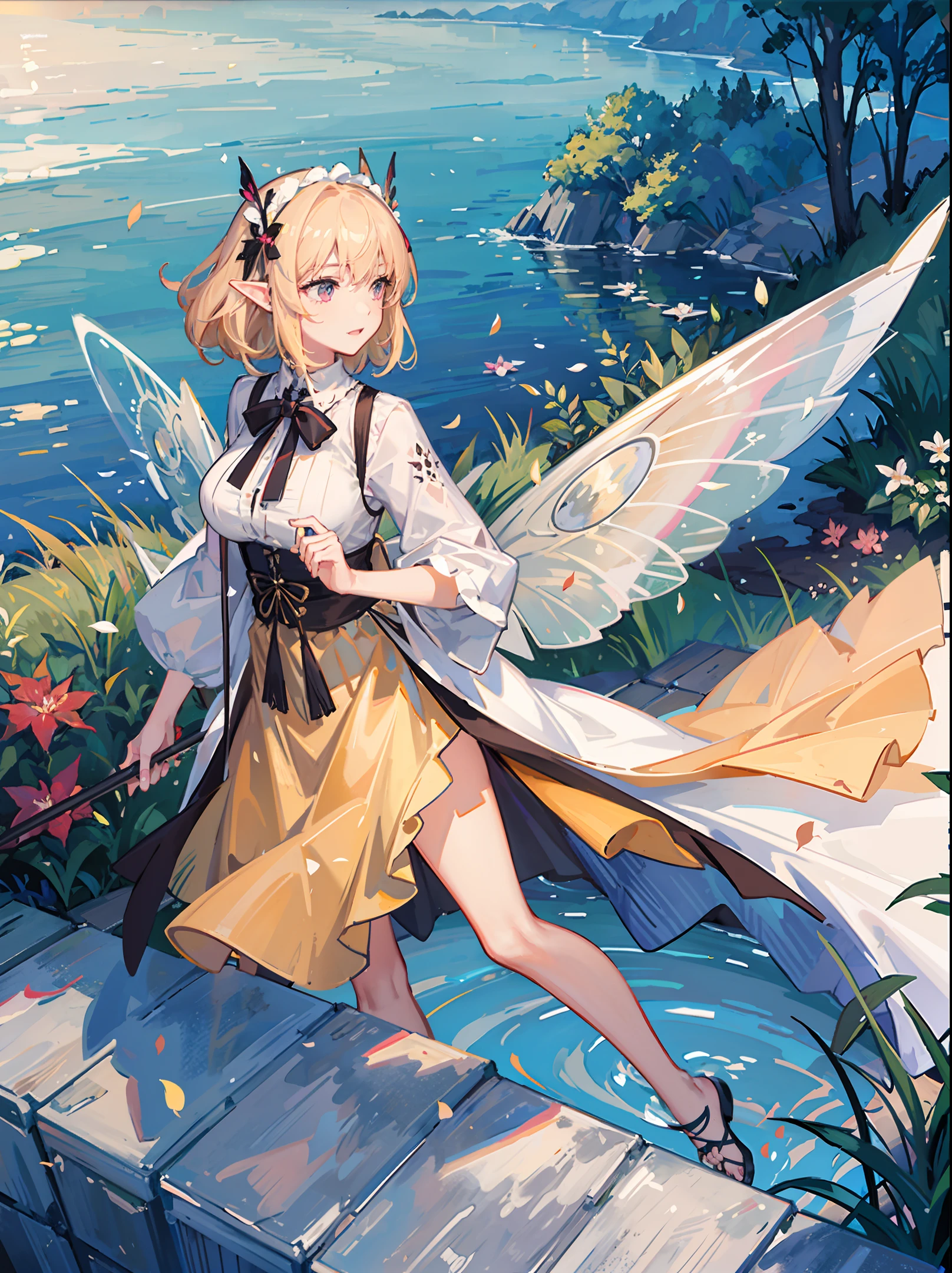 masterpiece, best quality,((masterpiece)),(best quality), (illustration:1.4),((extremely detailed CG unity 4k wallpaper)),(cinematic lighting),official_art, huge_filesize, (elf),(Butterfly wings : 1.3),((Bramble corolla)),,flowers on face,blonde hair,forest,river,beautiful detailed flowers meadow,lake,(floating petals),flowers,wind,cumulonimbus,sunshine,medium boobs , (Stonehenge: 1.05 ), headgear, floating in the air, mist, white silk clothes,