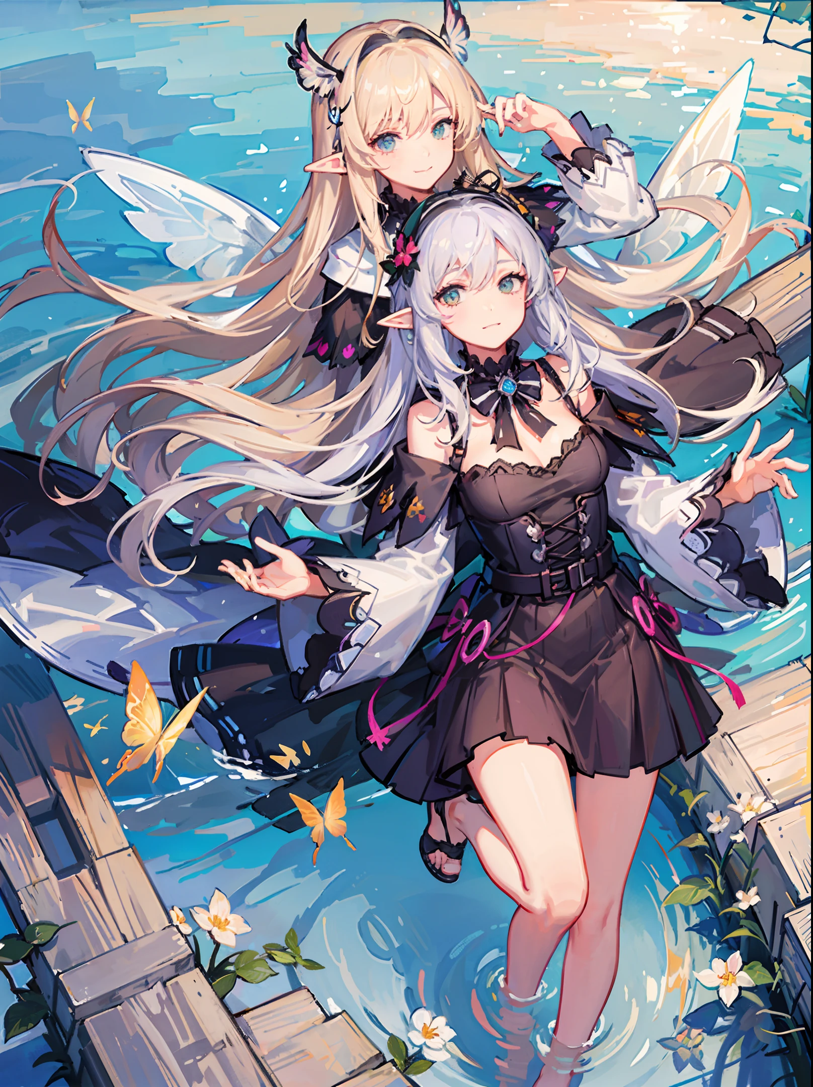 masterpiece, best quality,((masterpiece)),(best quality), (illustration:1.4),((extremely detailed CG unity 4k wallpaper)),(cinematic lighting),official_art, huge_filesize, (elf),(Butterfly wings : 1.3),((Bramble corolla)),,flowers on face,blonde hair,forest,river,beautiful detailed flowers meadow,lake,(floating petals),flowers,wind,cumulonimbus,sunshine,medium boobs , (Stonehenge: 1.05 ), headgear, floating in the air, mist, white silk clothes,