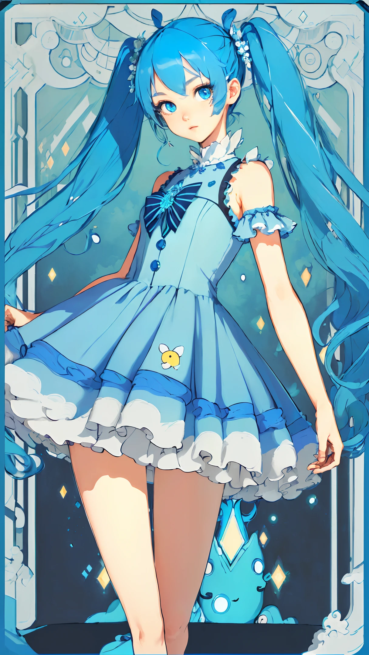 (((masterpiece))),(((bestquality))),((ultra-detailed)),(illustration),((anextremelydelicateandbeautiful)),dynamicangle,floating,(beautifuldetailedeyes),(detailedlight) (1girl), solo, floating_hair,glowingeyes,blue hair,blueeyes, twintails, halterdress, atdan blue background,