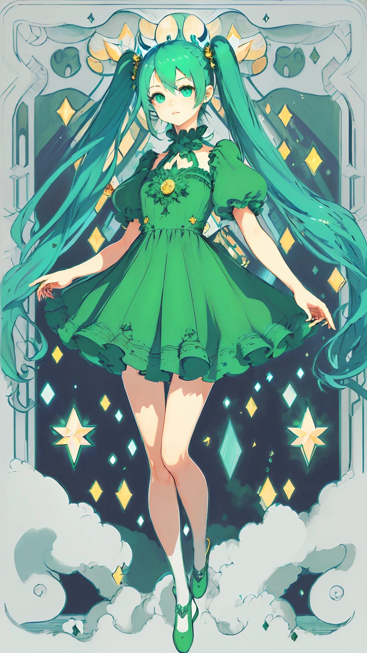 (((masterpiece))),(((bestquality))),((ultra-detailed)),(illustration),((anextremelydelicateandbeautiful)),dynamicangle,floating,(beautifuldetailedeyes),(detailedlight) (1girl), solo, floating_hair,glowingeyes,green hair,greeneyes, twintails, halterdress, demon,atdan green background,