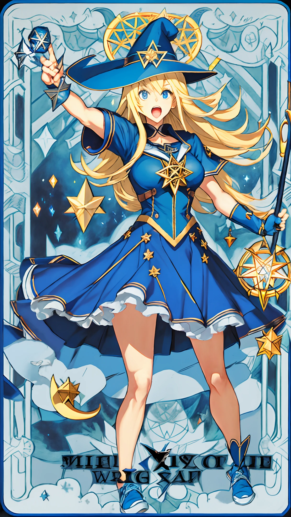 dark magician girl, masterpiece, best quality, 1girl, blonde hair, blue footwear, blue headwear, breasts, duel monster, hat, hexagram, large breasts, long hair, looking at viewer, nail polish, open mouth, pentacle, pentagram, solo, staff, wand, wizard hat, school，angel wing