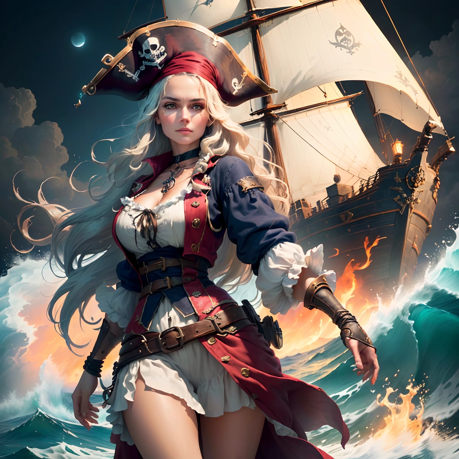 A pirate woman (beautiful face) standing on a plywood, the sea is a dilapidated pirate ship, full of fire, and the moon, waves, rain, (very detailed CG unity 8k wallpaper), very detailed, masterpiece, (HDR ) (wallpaper) (movie lights) (sharp focus), (highly detailed CG unity 8k wallpaper), (best quality)