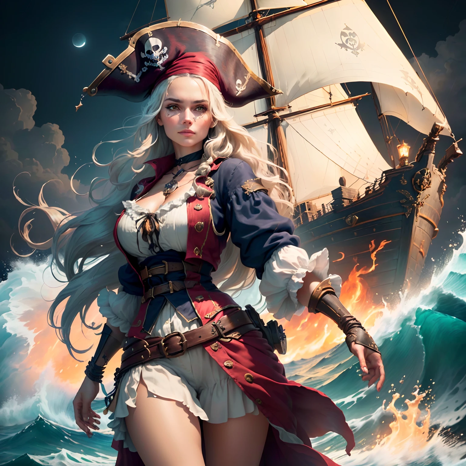 A pirate woman (beautiful face) standing on a plywood, the sea is a dilapidated pirate ship, full of fire, and the moon, waves, rain, (very detailed CG unity 8k wallpaper), very detailed, masterpiece, (HDR ) (wallpaper) (movie lights) (sharp focus), (highly detailed CG unity 8k wallpaper), (best quality)