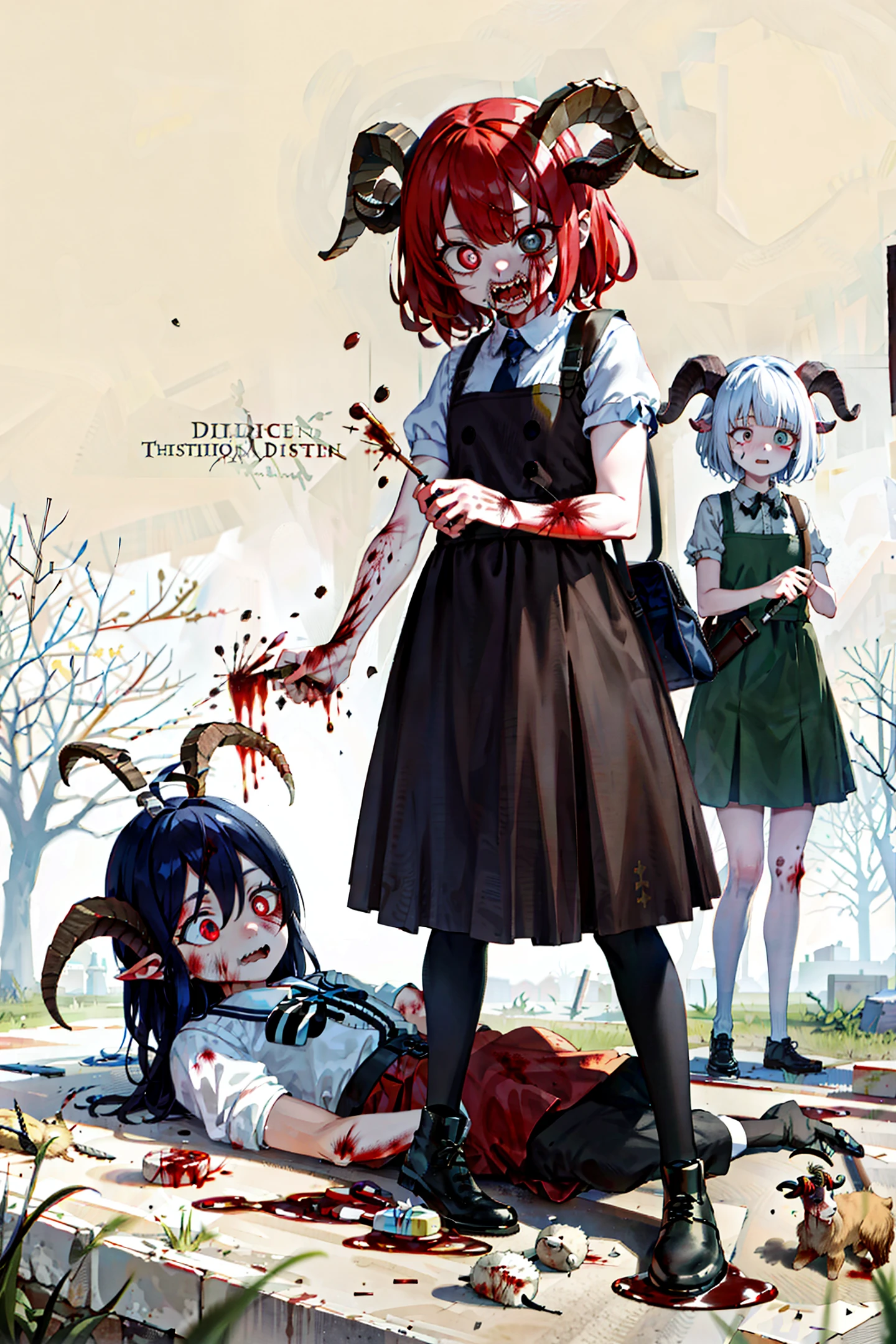 ((Sinister and Terrifying Masterpiece)), depicts a grisly dark gore scene surrounding a half-goat-like creature. The image depicts two girls, one teenage girl gnawing at the other girl&#39;s face, emphasizing pain and bloodshed. The image shows a disturbing level of menace and a disturbing cross-section. Severed thighs were scattered on the ground, the skin had been cut open to reveal fat and muscle, and the bodies of many women were scattered on the ground, with knife wounds and burns. Rot, vomiting blood, dilated pupils