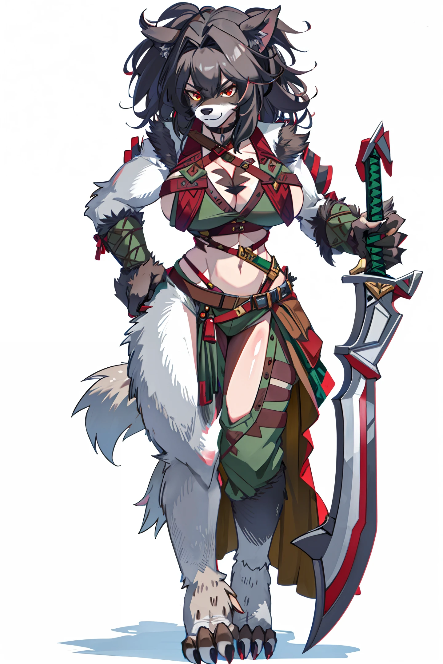 (werewolf),(furry), (((female))),(((big breast))),(((gnoll))),1girl, solo, brown hair,(((green background))), red eyes,(sword in hand),2 legs,2 hands,(muscle)