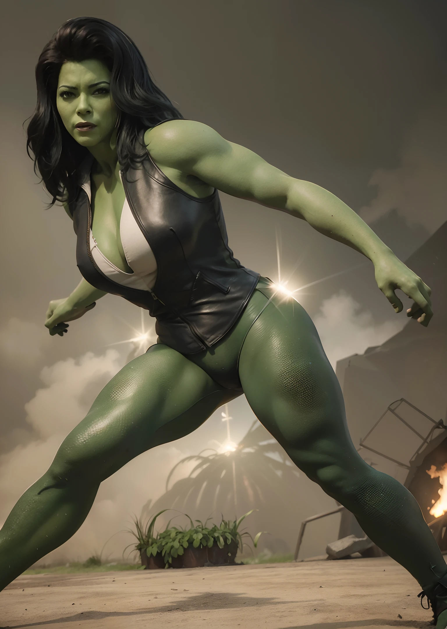 (8k, RAW photo, best quality, master:1.2), (realistic, photo-realistic:1.37), illustration, (((full body photo))), dynamic pose, She-Hulk, ((design leather jacket and long leggings )) , a strong muscular woman with green skin looks confident and fierce surrounded by destruction and chaos, her muscles undulate in a dynamic pose, ready for action, dusty background battlefield, destroyed tanks, ruins , ray tracing, ash and dust